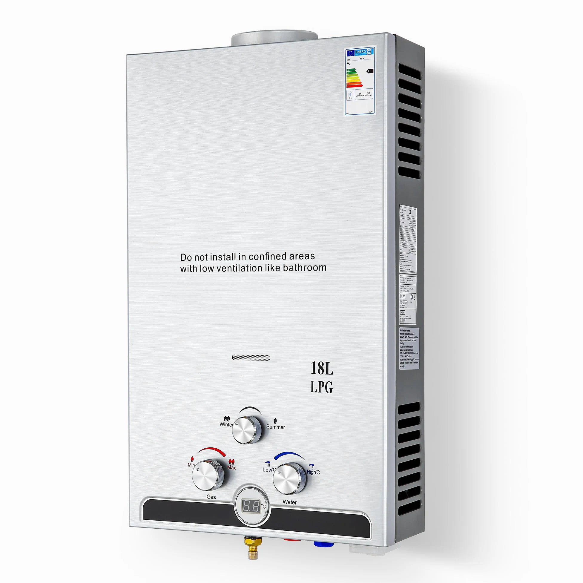 CO-Z 18L Scaldabagno a Gas GPL con Modalità Inverno ed Estate Caldaia a Gas GPL da 30.6 kW a Parete senza Serbatoio Scaldacqua Istantaneo Automatico con Anima in Rame e Display a LED(18L Argento)