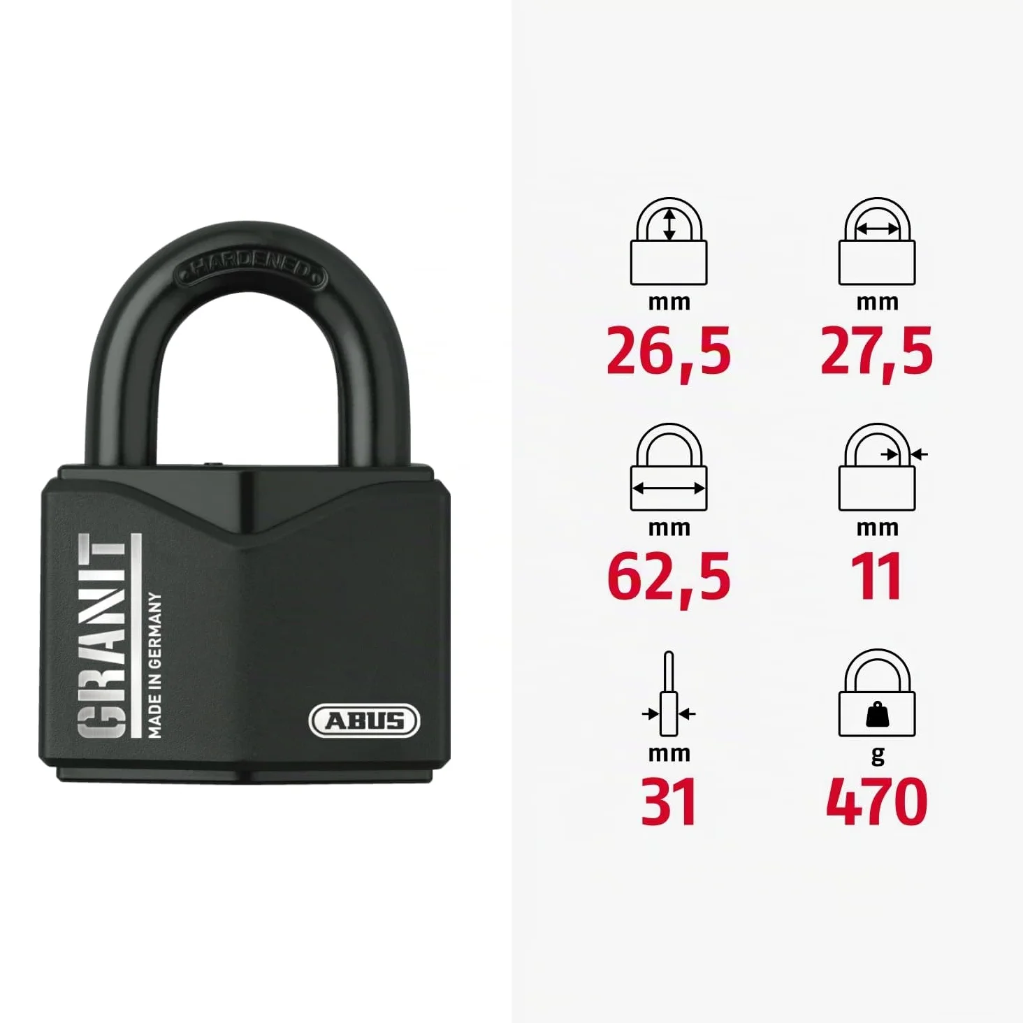 ABUS Lucchetto Granit 37/55 - Acciaio Temprato, Cilindro a Dischi, Nero | Livello di sicurezza 10, arco Ø 11 mm, rivestimento antiruggine Black Granit, peso 566 g, ideale per magazzini e impianti