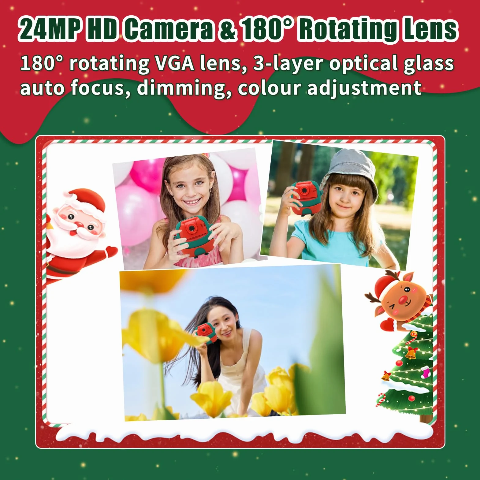 Macchina fotografica di stampa istantanea per i bambini, 24MP & 1080P bambini fotocamera digitale, Natale regalo di compleanno per la ragazza ragazzo età 3-12, stampa foto in bianco e nero (Natale)