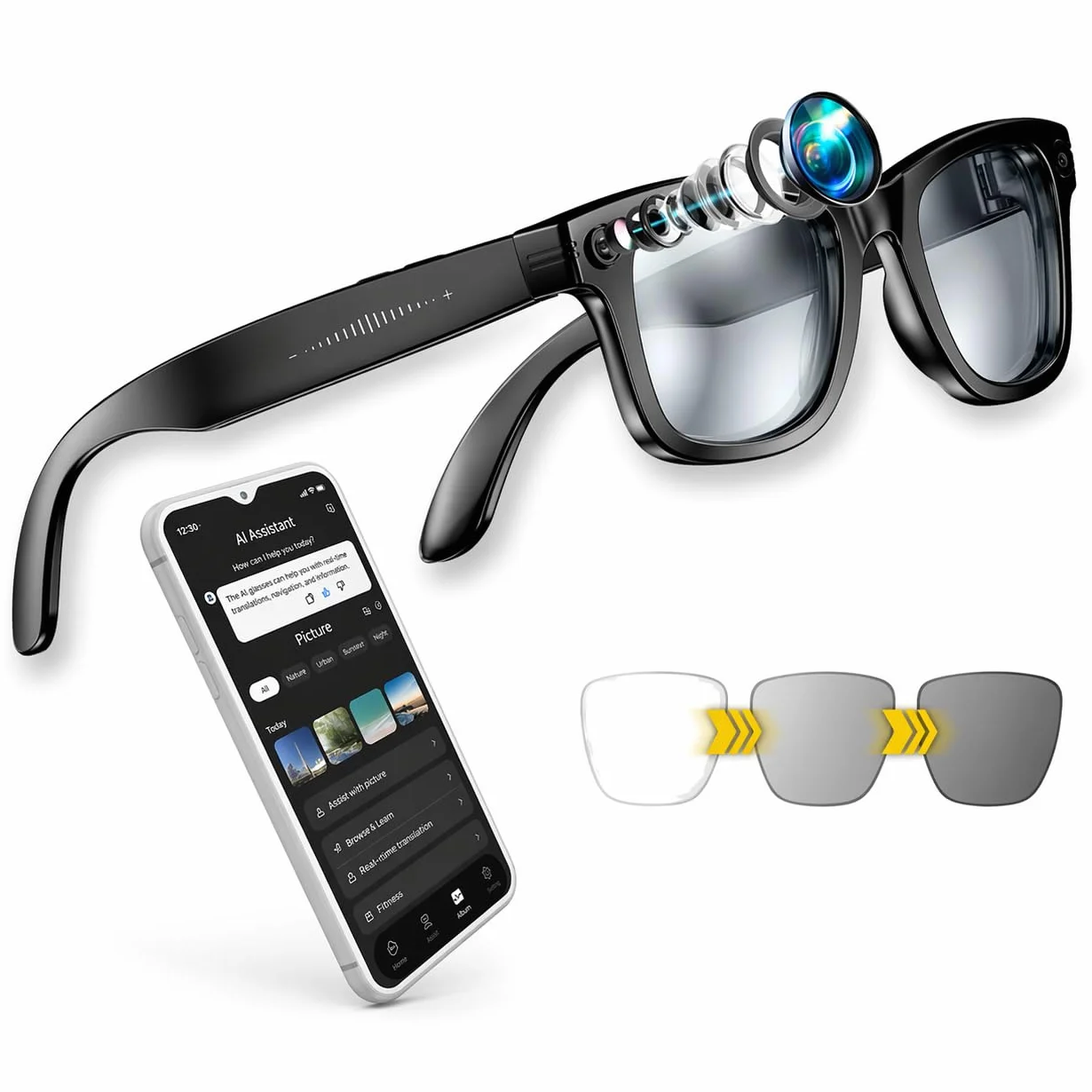 Lens AI - Occhiali intelligenti con fotocamera 32 MP, 32 GB, WiFi e Bluetooth, traduzione in tempo reale, controllo vocale e touch, IP65 (vetro fotocromatico)