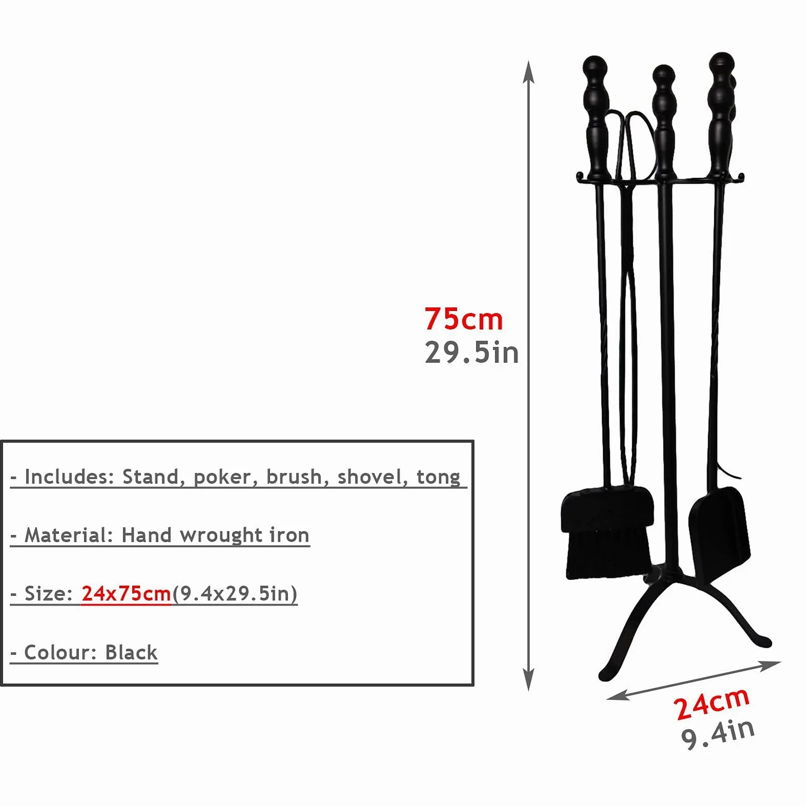 Set di 5 attrezzi per caminetto in ferro battuto resistente anticato, per uso esterno e interno, include supporto, pala e pinza, colore nero