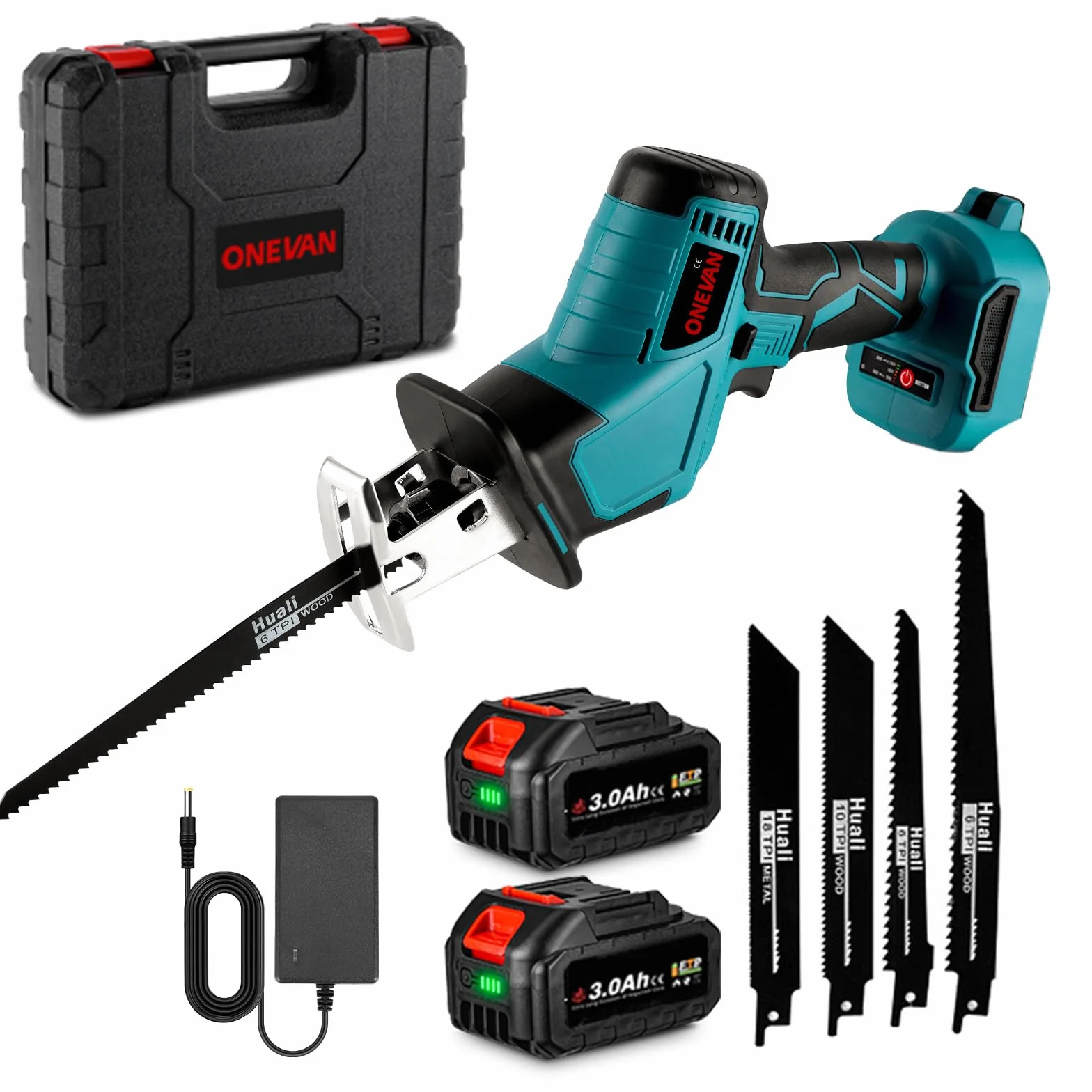 ONEVAN Gattuccio a Batteria, 3100 SPM Sega a Gattuccio Elettrico Senza Spazzole, Corsa Alternativa 15mm, con 2 Batteria da 3,0Ah e 4 Lame per Seghe, per Tagliodi 255 mm (Legno), 130 mm (Alluminio)