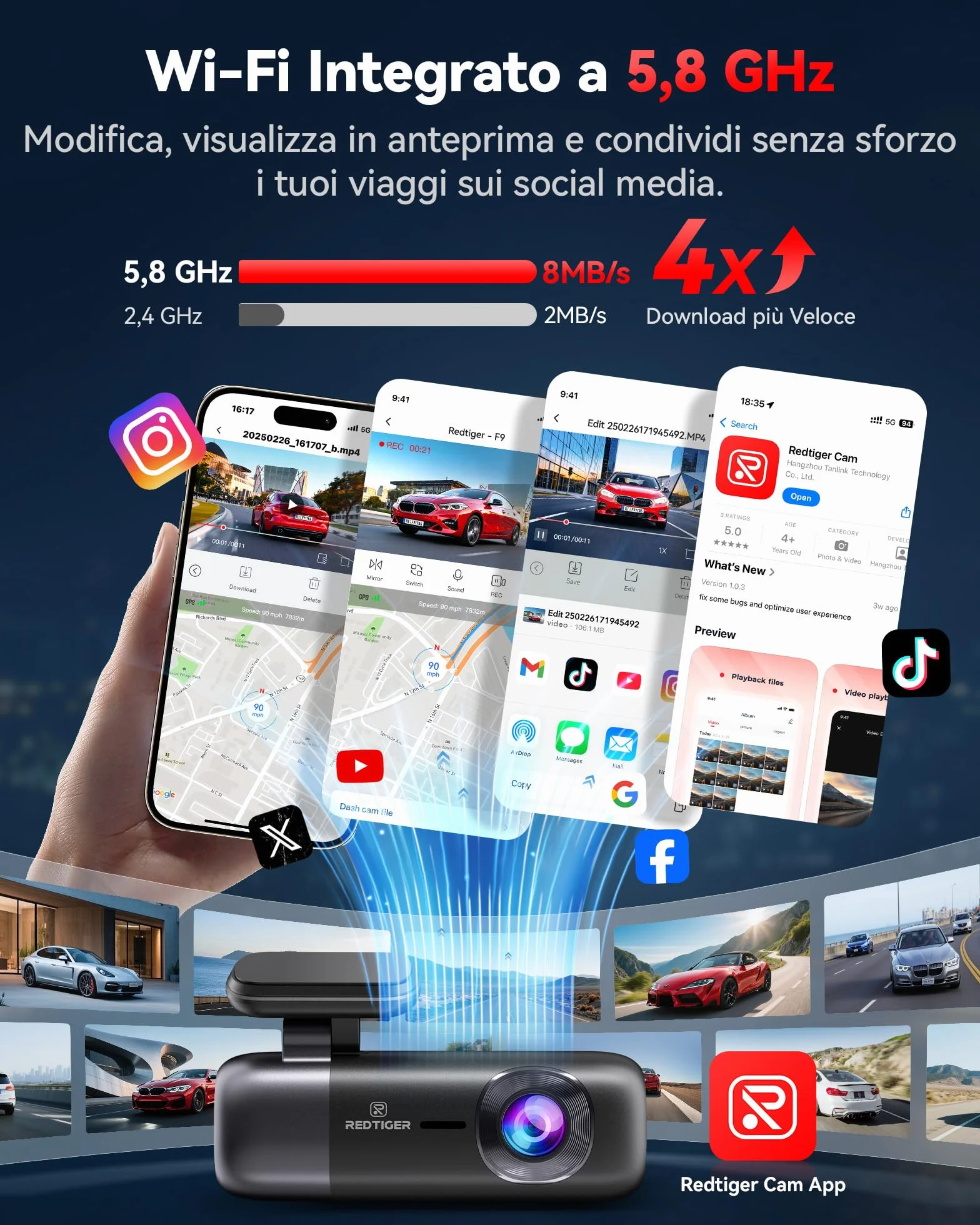 REDTIGER Dash Cam Auto 4K + 1080P, Anteriore e Posteriore, Dashcam Auto con WiFi e GPS, Registrazione in Loop, Modalità Parcheggio, Controllo APP,Supporto Massimo 256 GB(F9)