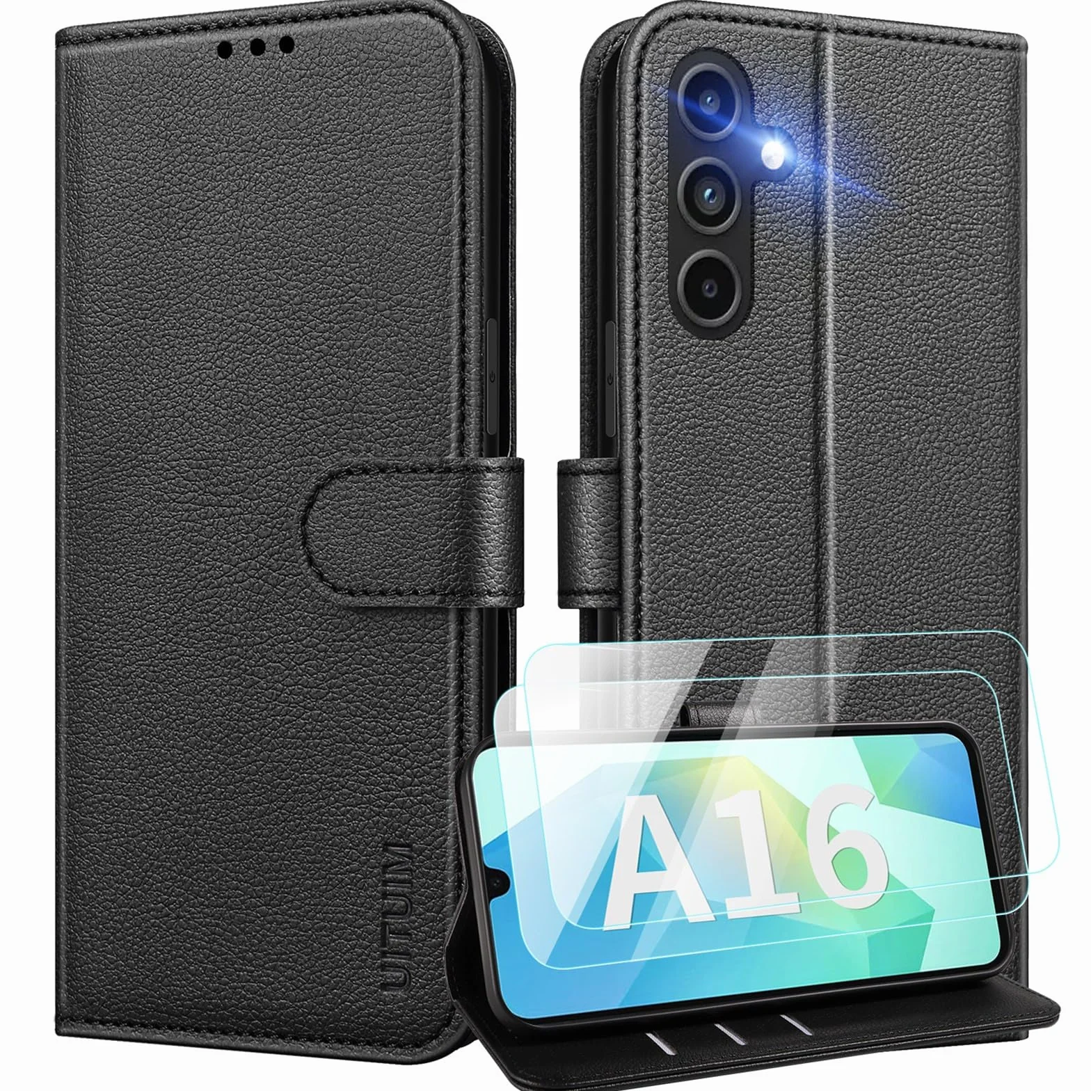 Cover per Samsung Galaxy A16 5G/4G Custodia con 2 Vetro Temperato Pellicola a Libro Portafoglio in Pelle Porta Carte Protettiva Flip Case,Nero