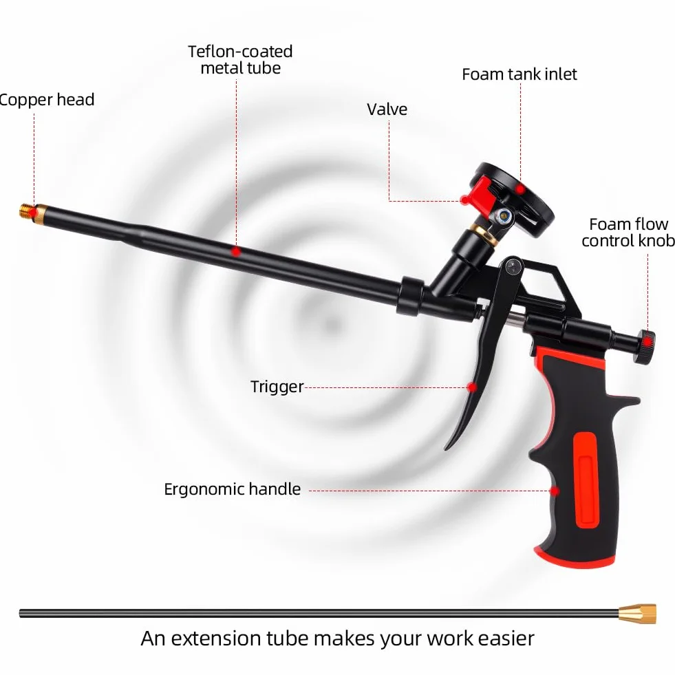 Flintronic Pistola per Schiuma, Pistola per Schiuma Estensibile 64cm, Pistola per Schiuma Poliuretanica Con Spatola Pennello di Paglia, per Calafataggio, Isolamento, Riempimento, Progetti fai-da-te