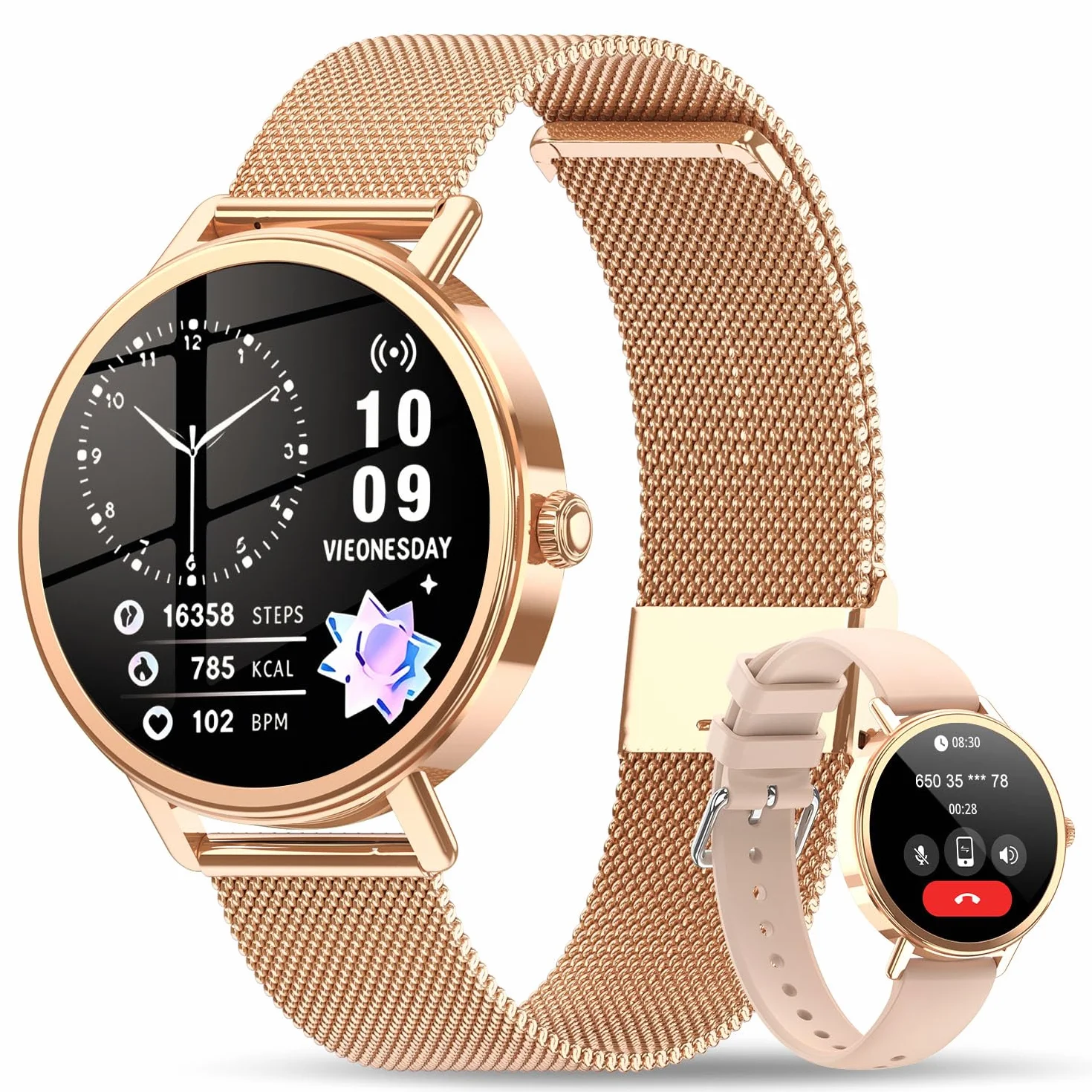 Smartwatch Donna, 1.26"Orologio Intelligente Donna con Chiamate Bluetooth, Smart Watch con 2 Cinturini, Notifiche, Podometro, Design Sottile, Compatibile con Android iOS, Smartwatch Impermeabile IP68