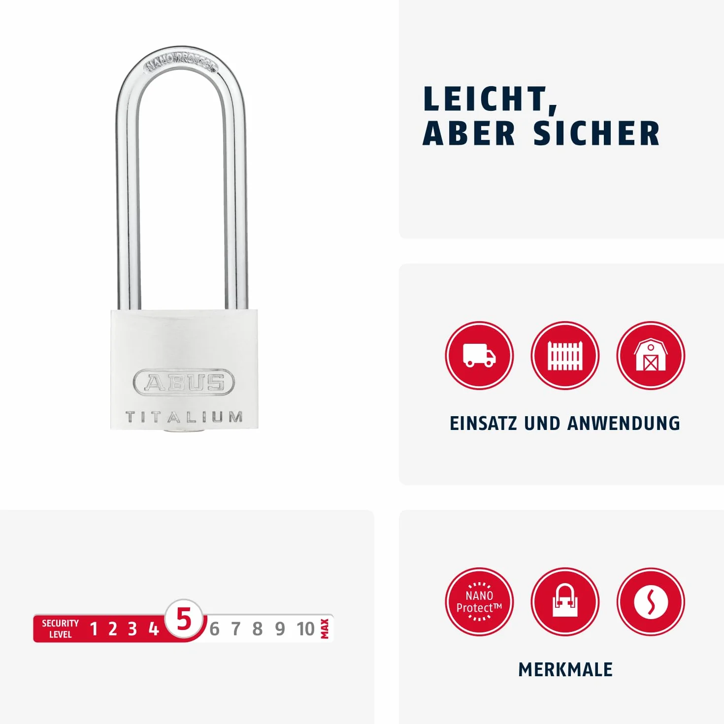 ABUS Lucchetto Titalium 64TI/40HB63 con Grillo Alto - Lucchetto con Corpo in Alluminio Speciale - Grillo in Acciaio Temprato - Livello di Sicurezza ABUS 5