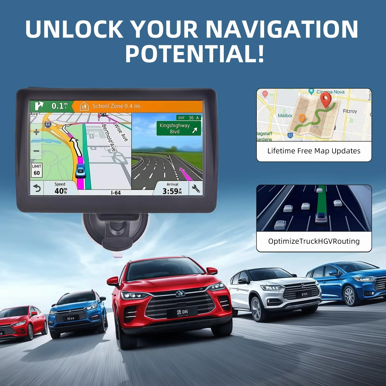 Navigatore satellitare da 7 pollici per auto e camion, sistema GPS HD con mappe del Regno Unito e dell'Europa 2026, aggiornamenti gratuiti a vita, ricerca codice postale, guida vocale, avvisi