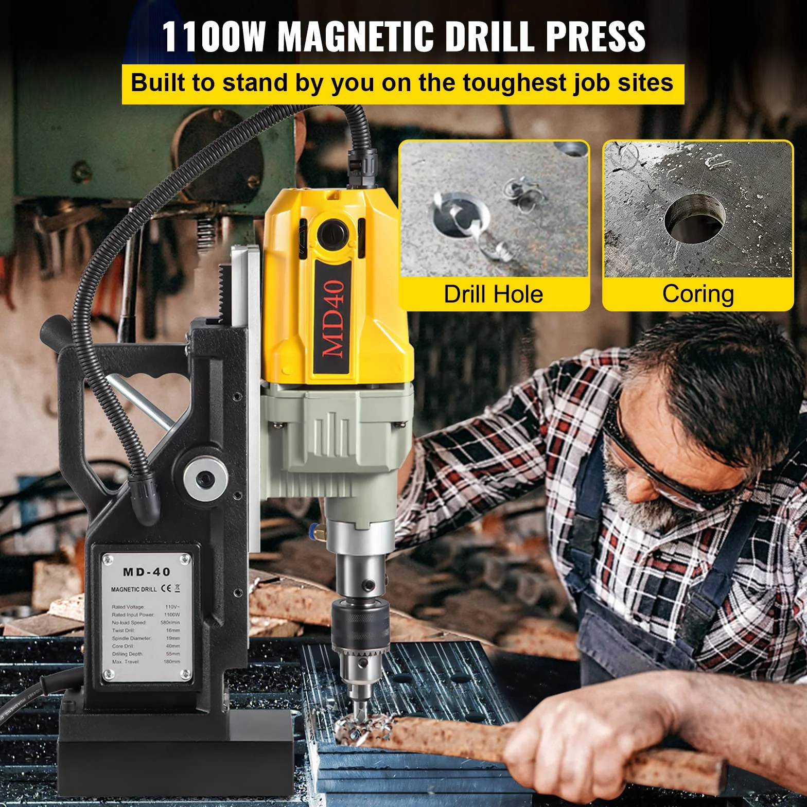 VEVOR Trapano Magnetico Elettrico 1100W 12000N Carotatrice Magnetica 12 Punte Foratura 40 mm Profondità 150 mm