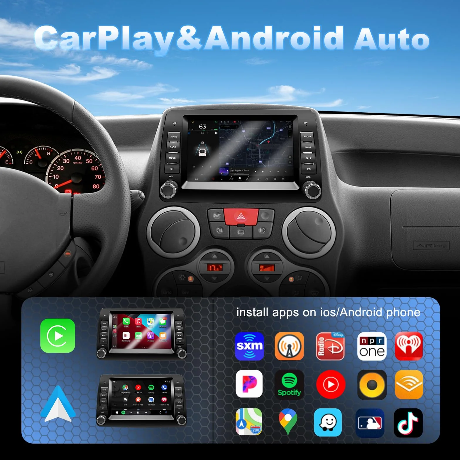 Autoradio per Fiat Panda 169 (2003-2012) con Android Auto e CarPlay Wireless, RDS Car Radio Android Stereo con Telecamera Retromarcia/Mic/CANbus BOX/App Store 2G+32G