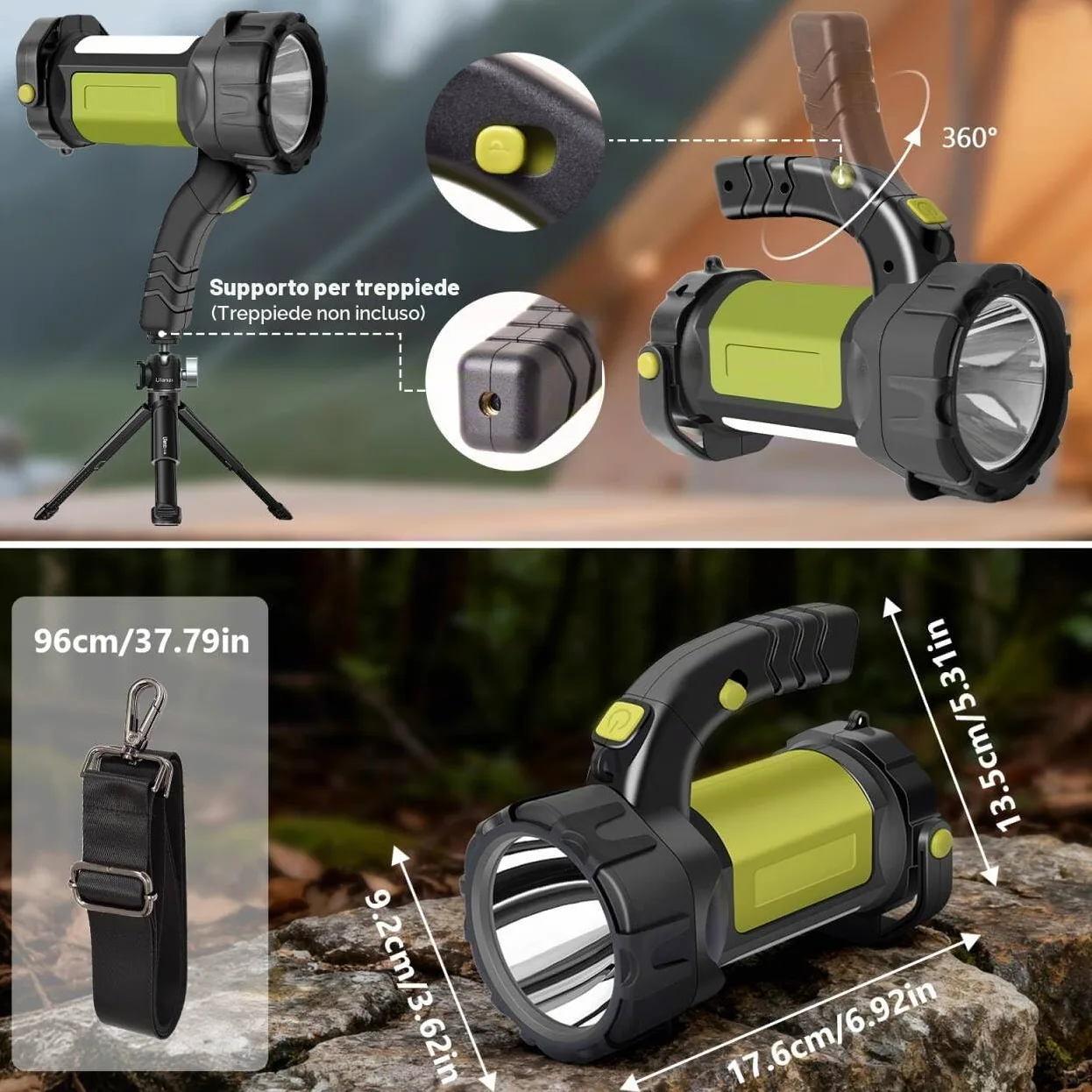 Torcia LED ricaricabile, con luce laterale, 3000 LM, 6 modalità | 2400 mAh, impugnatura girevole, IP67, indicatore di carica, adatta per escursionismo, emergenze, campeggio