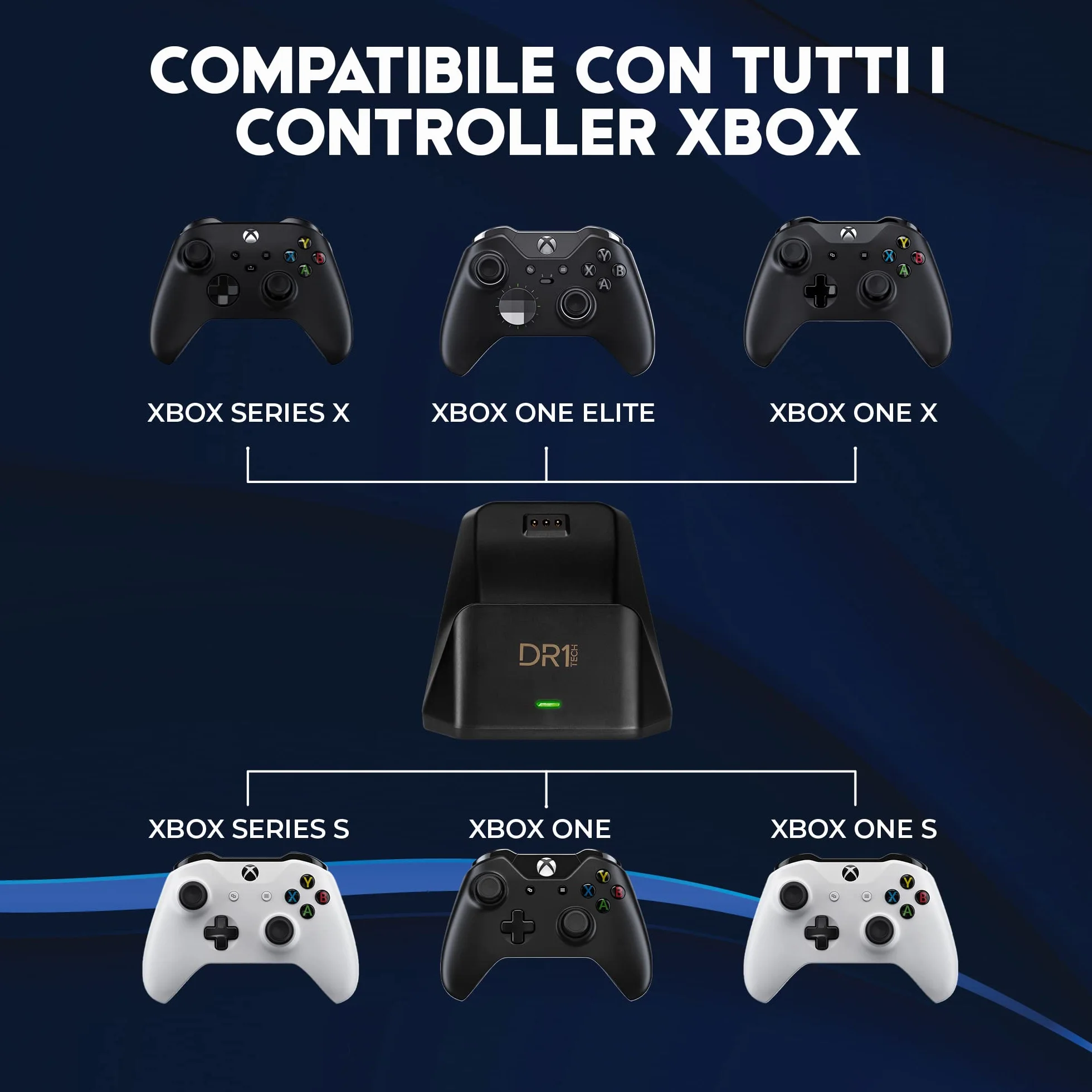 DR1TECH PowerSetX Stazione di Ricarica Rapida per Controller XBOX One X/S, Series X/S + Batteria 1200 mAh - Accessori per XBOX (Controller NON Incluso) [Amazon Exclusive]