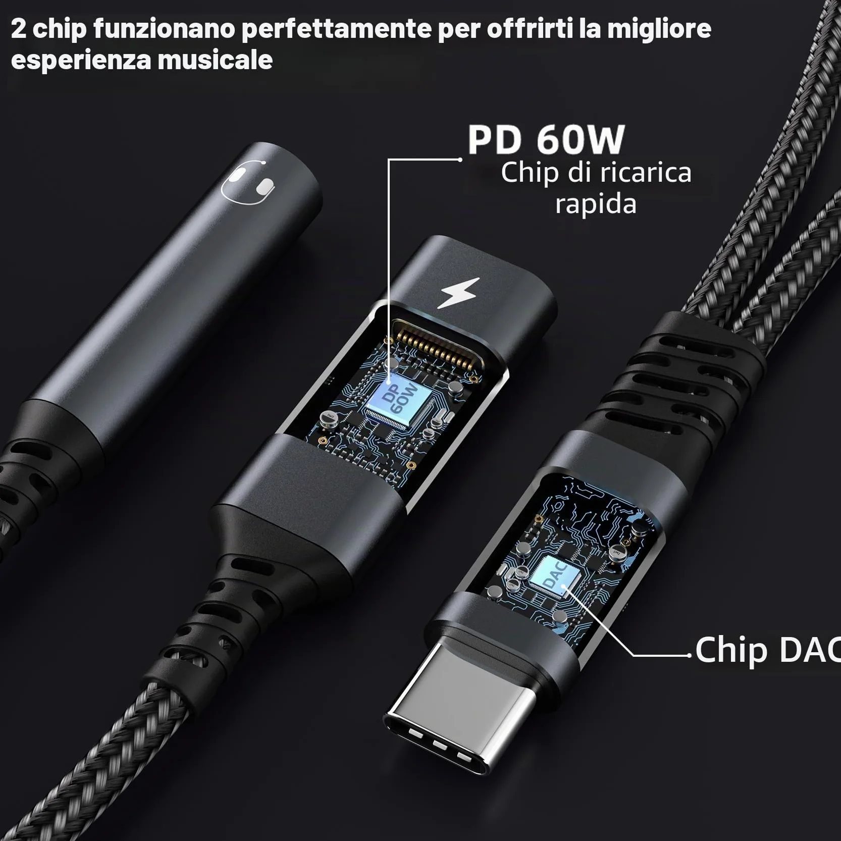 Adattatore e Ricarica per Cuffie USB C, 2 in 1 Jack da 3,5 mm USB C PD 60W Ricarica Rapida per Auricolari Splitter C ompatibile con iPhone 15/Pro/Max, Samsung S24/S23, Hua wei usw