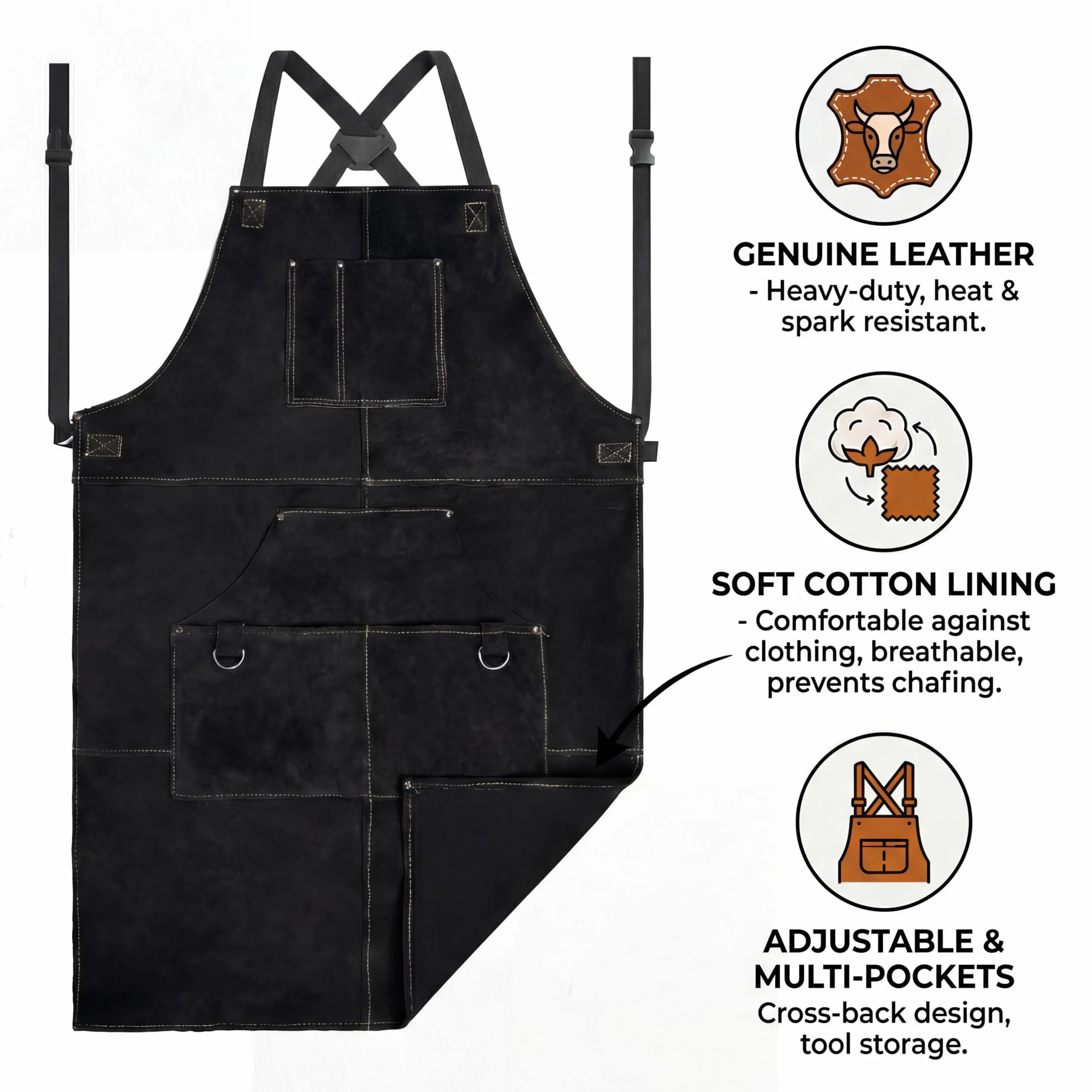 Grembiule da Saldatura in Pelle con Fodera Morbida – Resistente al Calore, Ignifugo, Grembiule Protettivo Robusto con Tasche Multiple