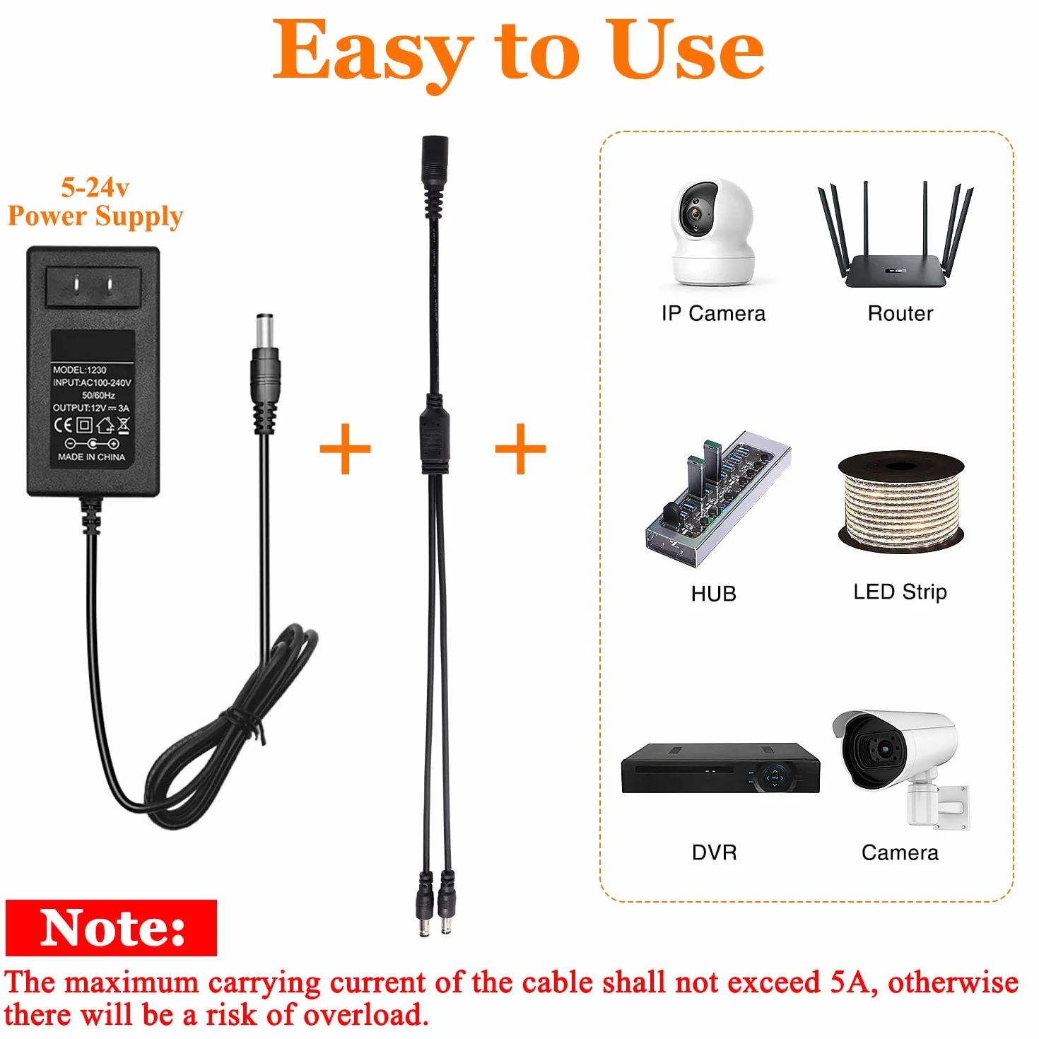 KUOQI 2 Pezzi 5.5x2.1 mm 5-24 V 1 Femmina a 2 Maschi Cavo Splitter DC, Cavo Splitter di Alimentazione DC a 2 Vie per Telecamere CCTV