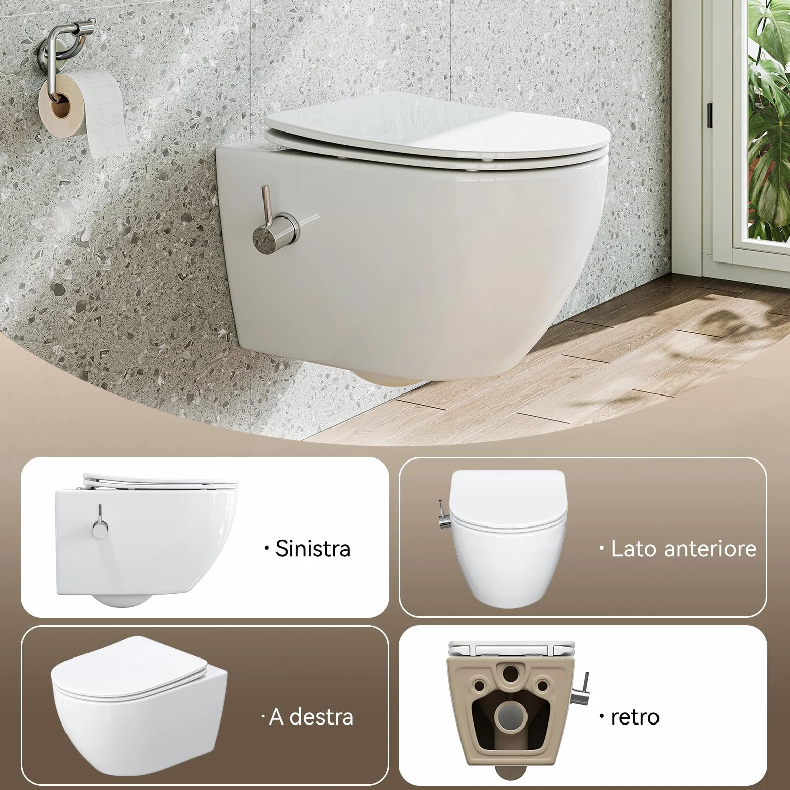 HOROW WC sospeso con bidet integrato, nano-rivestimento, sedile con abbassamento automatico, acqua fredda, 53x36x35 cm