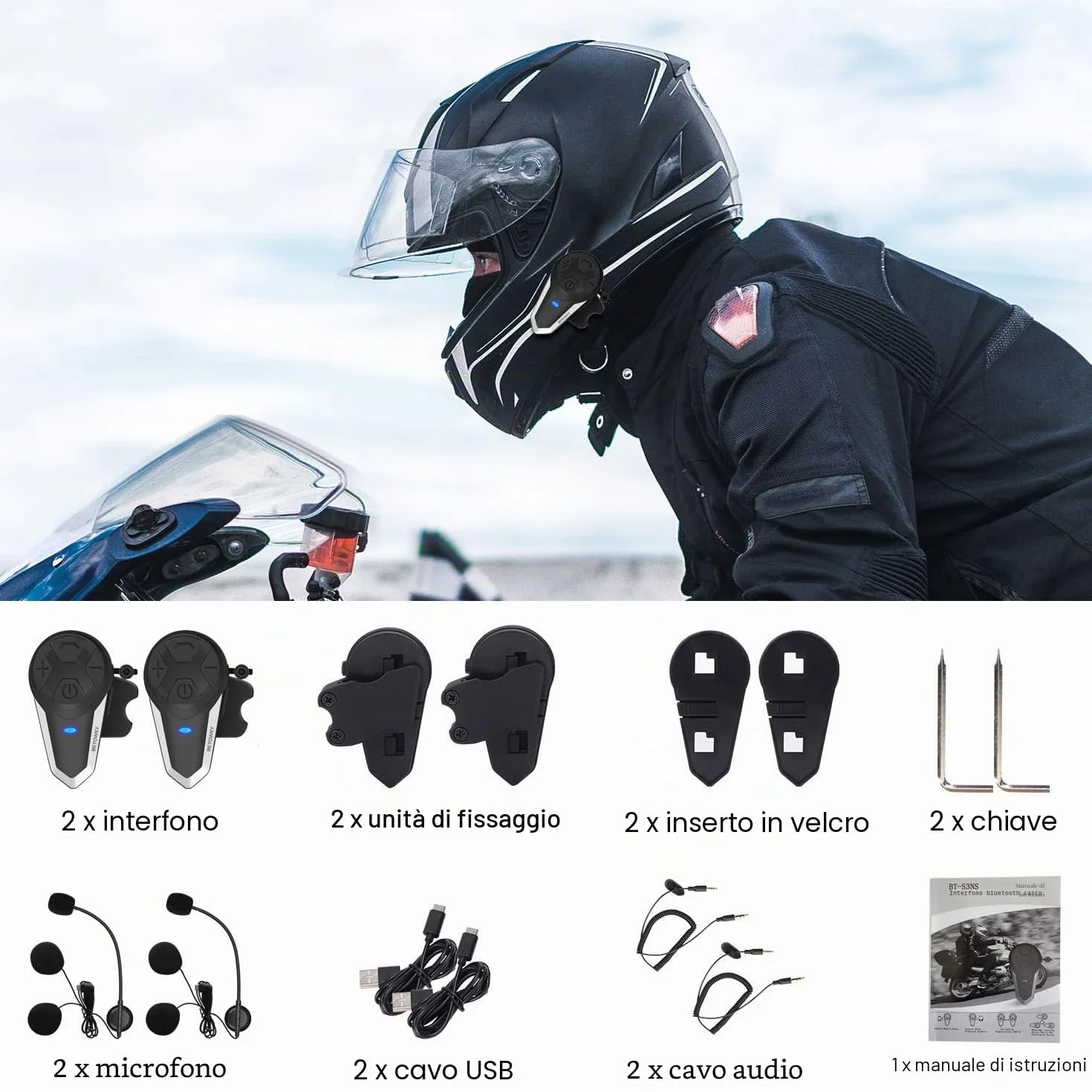 Interfono Moto Bluetooth Coppia BT-S3 Interphone con Auricolari Bluetooth per Casco Moto