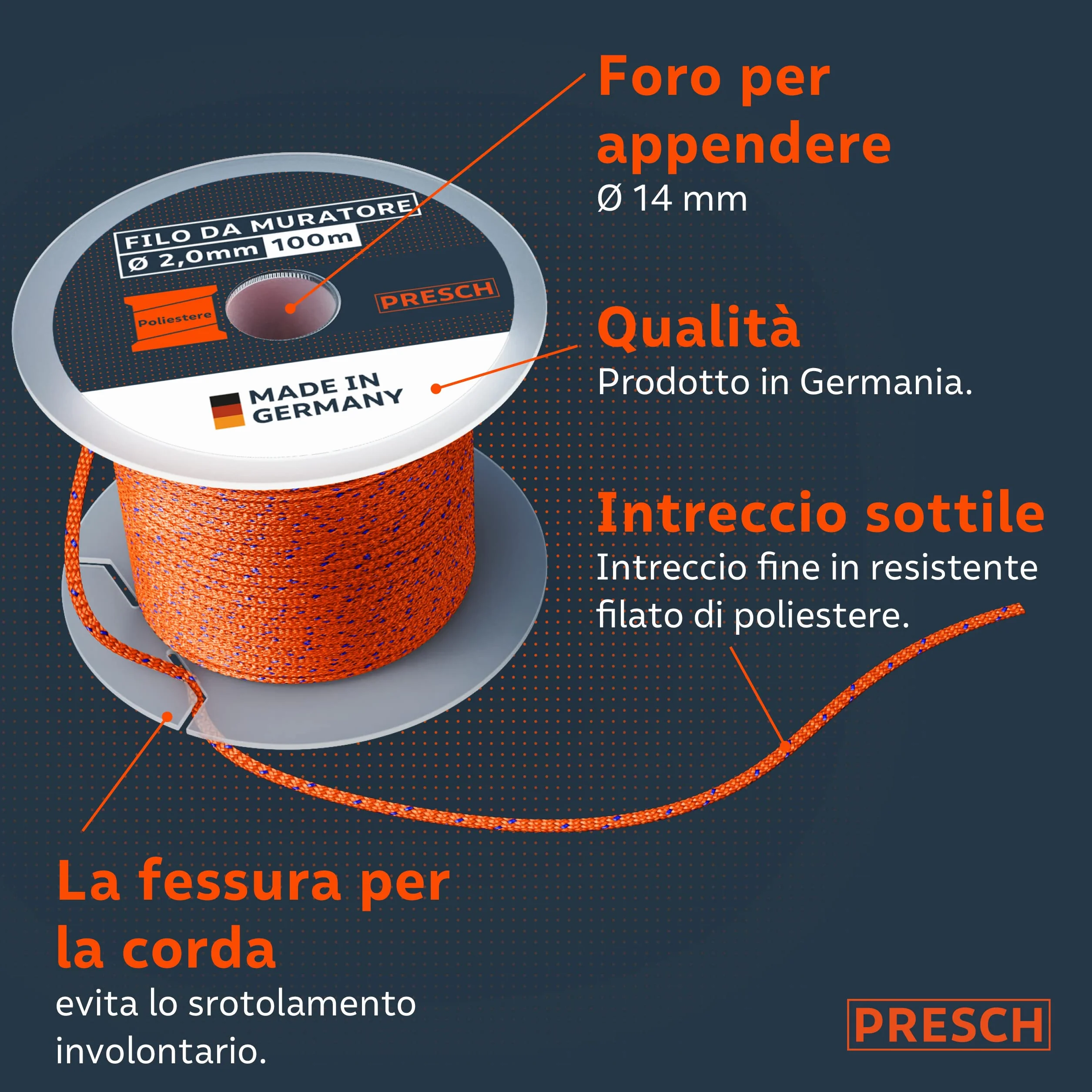 Presch Corda da muratore 100m | ⌀2,0mm | Poliestere | Corda da raddrizzamento resistente allo strappo e alle intemperie con bobina | Corda da costruzione resistente ai nodi