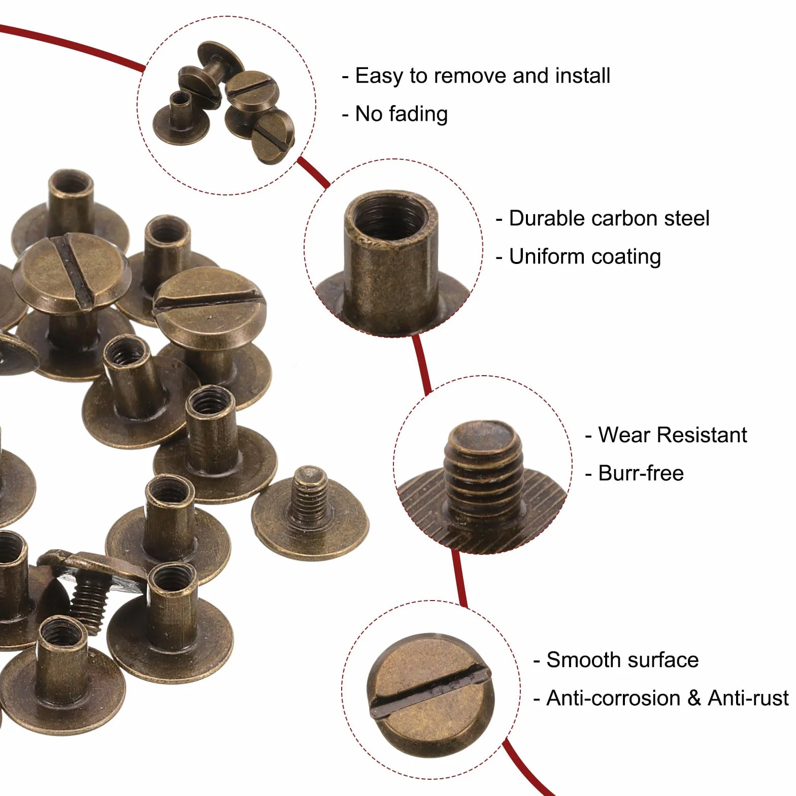 Set di 30 viti Chicago M4 x 6 mm in metallo con testa scanalata, rivetti a chiodo, bronzo