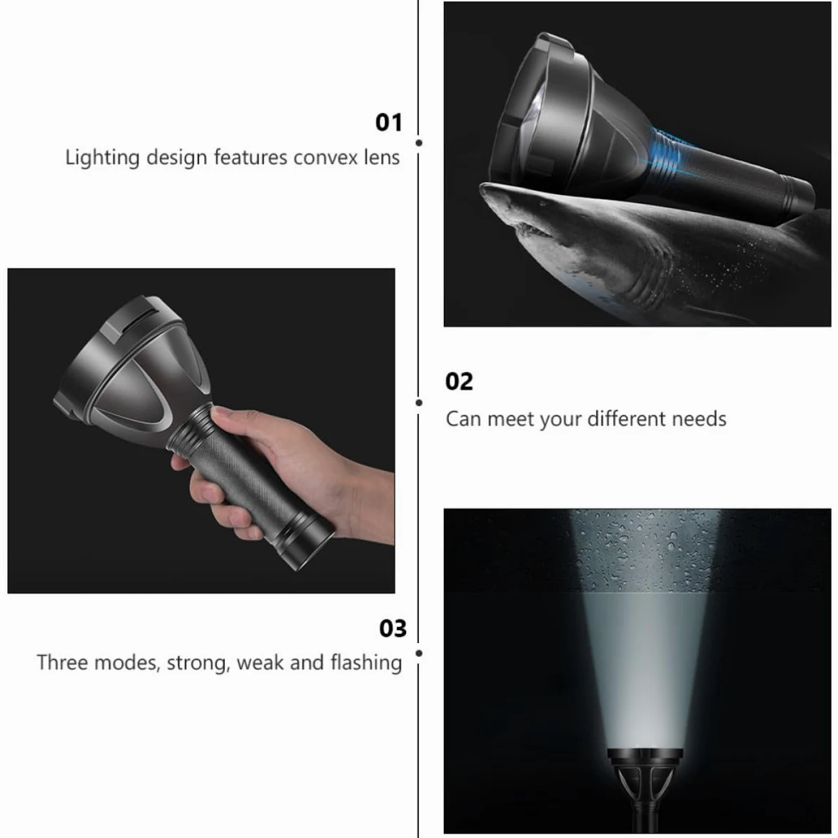 Torcia LED Portatile da 5000mah, Luce Forte per Campeggio | Lega di Alluminio Nera, Lente Convessa, Struttura Resistente alla Pressione, per Caccia ed Escursione