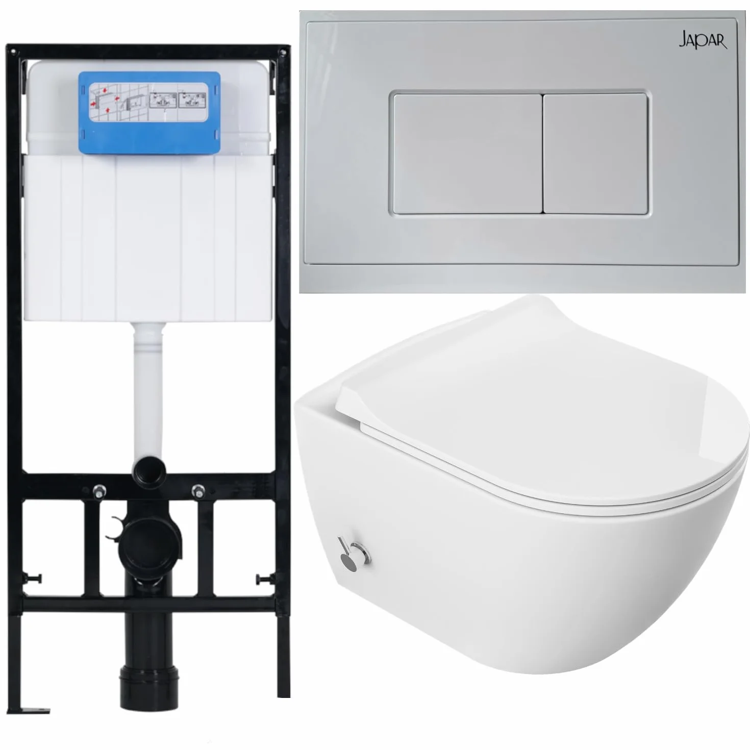 Wc sospeso bianco senza bordo con funzione bidet e rubinetto acqua calda/fredda + sedile in Duroplast Soft Close + WC Slim nascosto telaio 3 in 1 set WC sistema di installazione