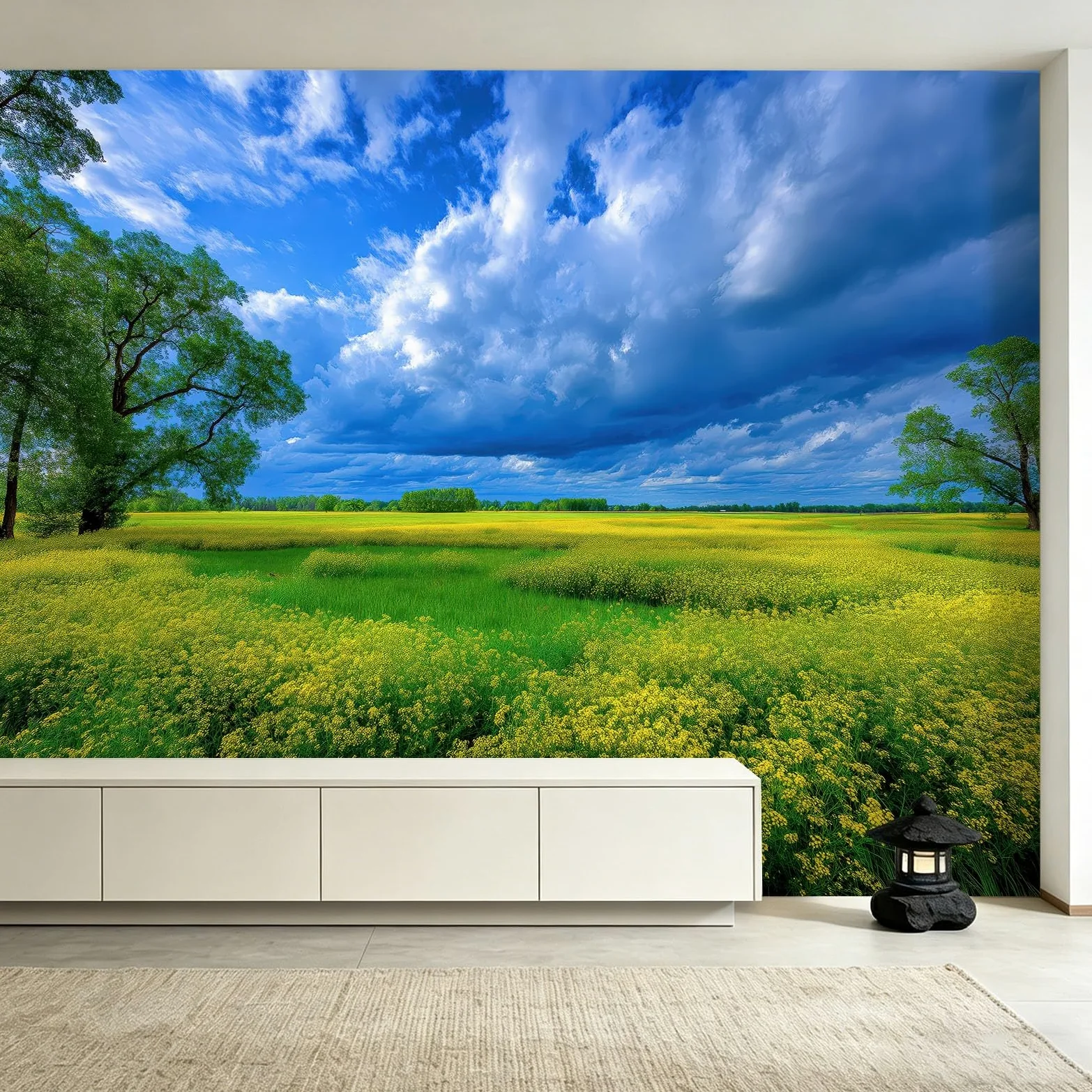Carta da parati in tessuto non tessuto, 400 x 280 cm, decorazione da parete per sala da pranzo, corridoio, facile da montare, paesaggio, campo di colza, cielo, fiori