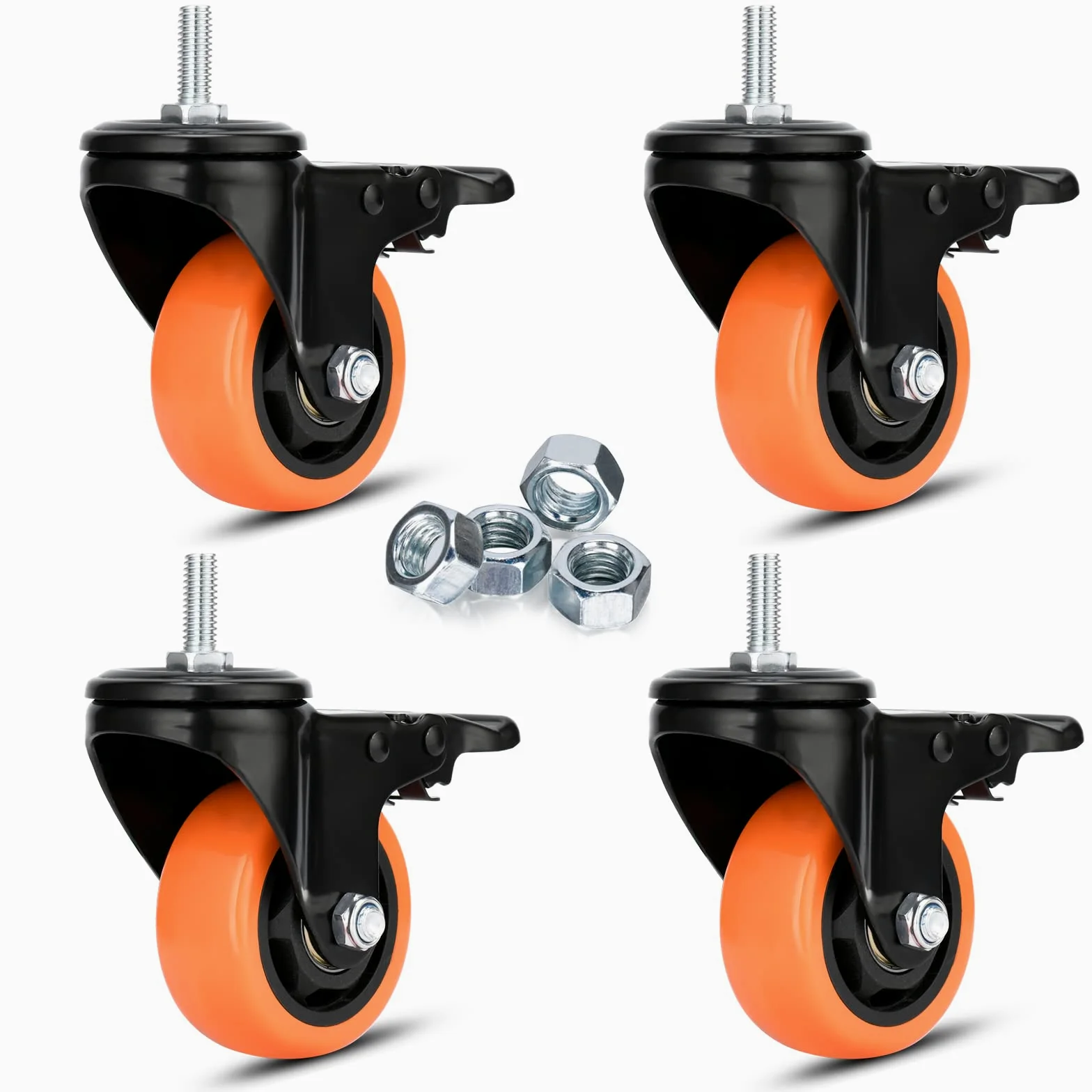 75 mm Ruote per carrelli M10-1.5 x 25 Ruote con Perno filettato Set da 4 per carichi Pesanti 450kg Bino Blocco Congegno & Silenzioso Ruote per Cavo Scaffalatura, Carrelli, Mobili