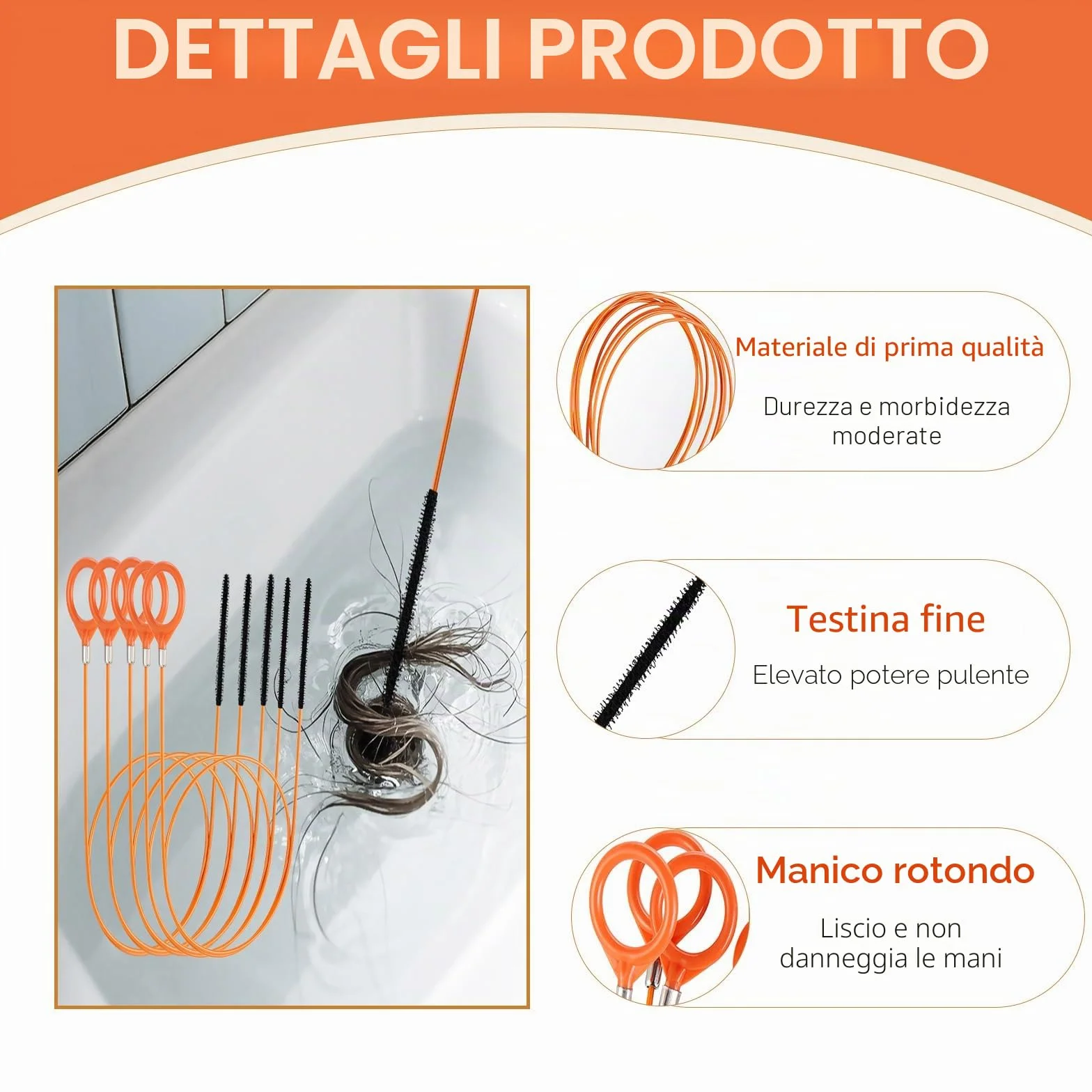 Set da 7 Stura Lavandini e Scarichi, Strumento Rimozione Capelli Serpente 76 cm + Spazzola Pulizia Flessibile 150 cm