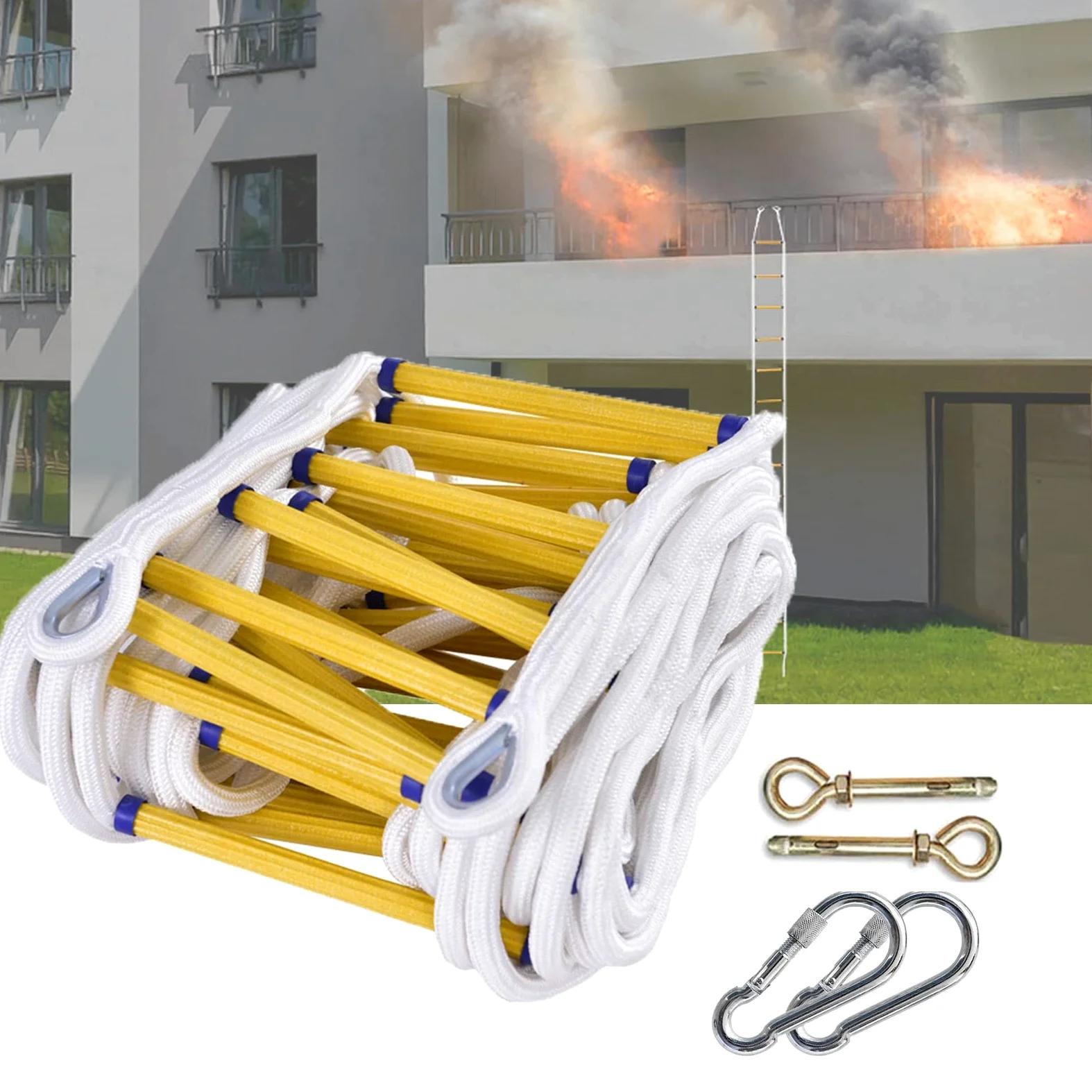 Generico Scala di Corda di Emergenza antincendio, Scala di Sicurezza da 18 m/59 Piedi con spaziatura tra i pioli di 30 cm, Portatile e Resistente per Rapide evacuazioni domestiche, Ideale per Le emer