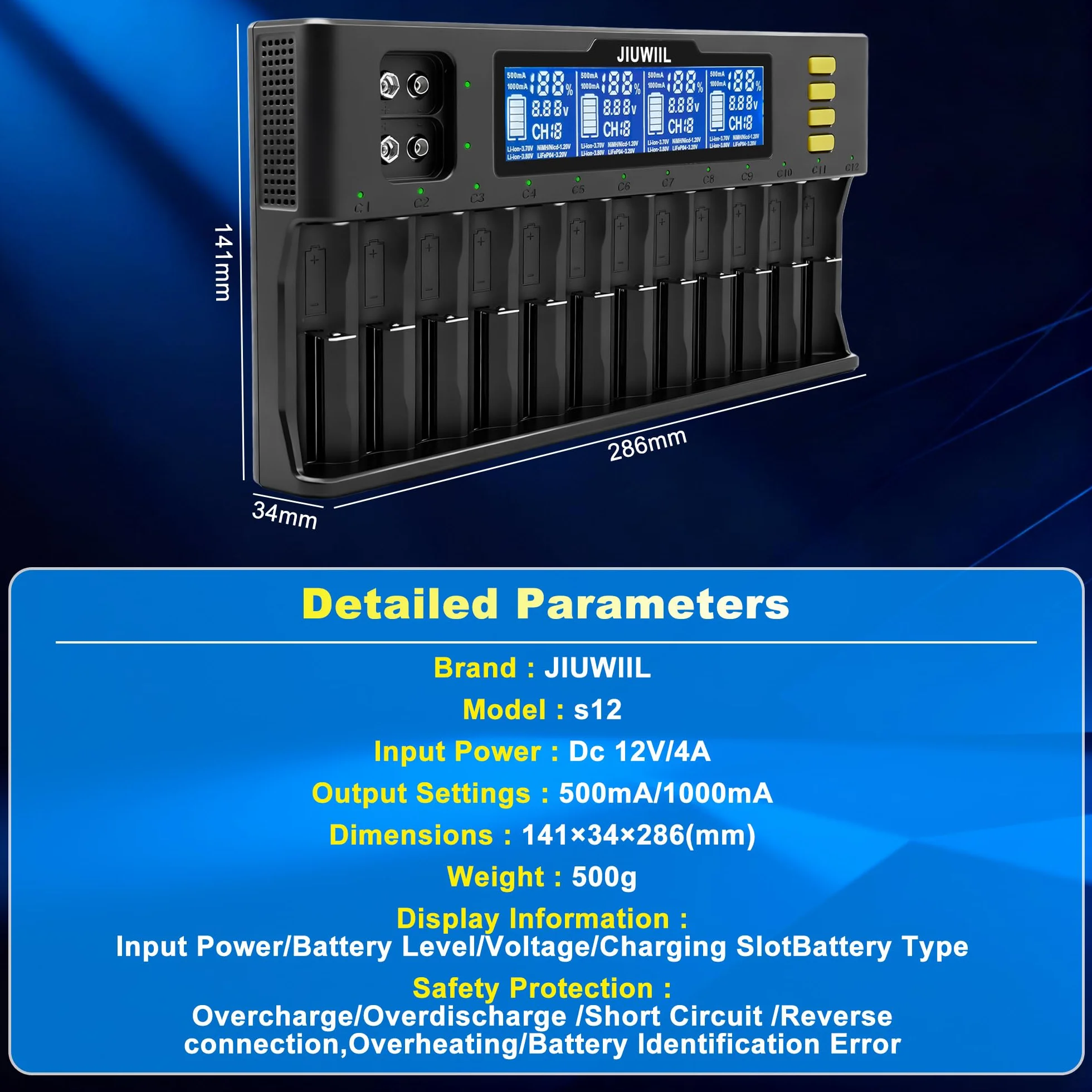 Caricabatterie 18650, JIUWIIL 12+2 slot Caricabatterie universale a ricarica rapida con display LCD per batterie ricaricabili Li-ion LiFePO4 RCR123 18650 26650 10440 14500 & 9V