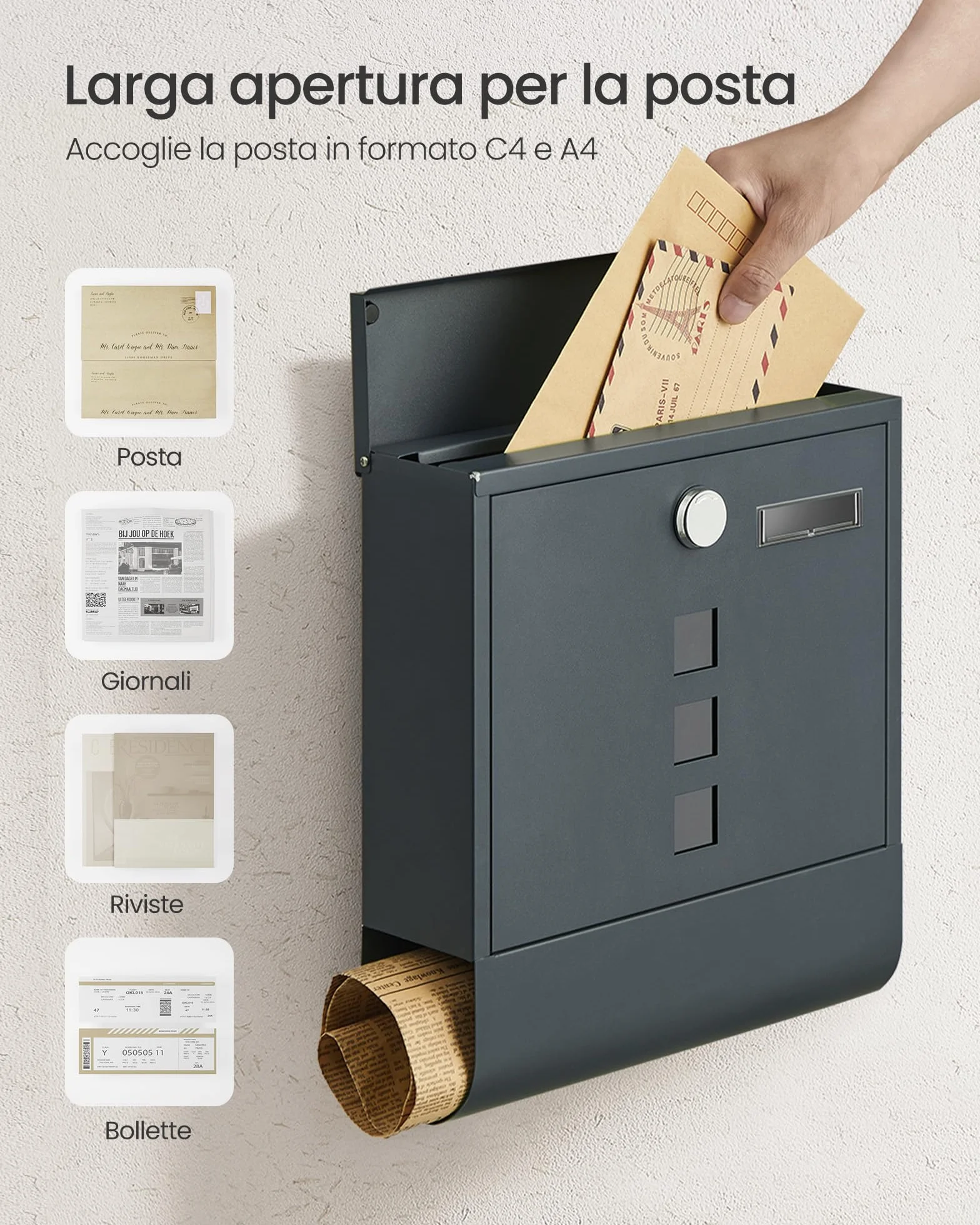 SONGMICS Cassetta Postale Grigio Antracite GMB20AG 10x30,8x33,8 cm