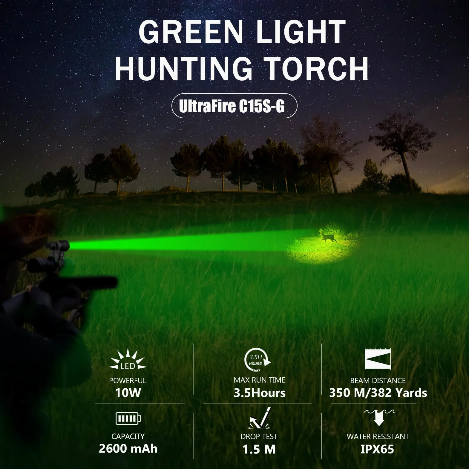 UltraFire Torcia da caccia ricaricabile, luce verde, 520-530 nm, luce verde, portata 350 metri, 2 modalità per visione notturna, osservazione selvaggia, lettura di mappe, pesca, campeggio, C15S-G
