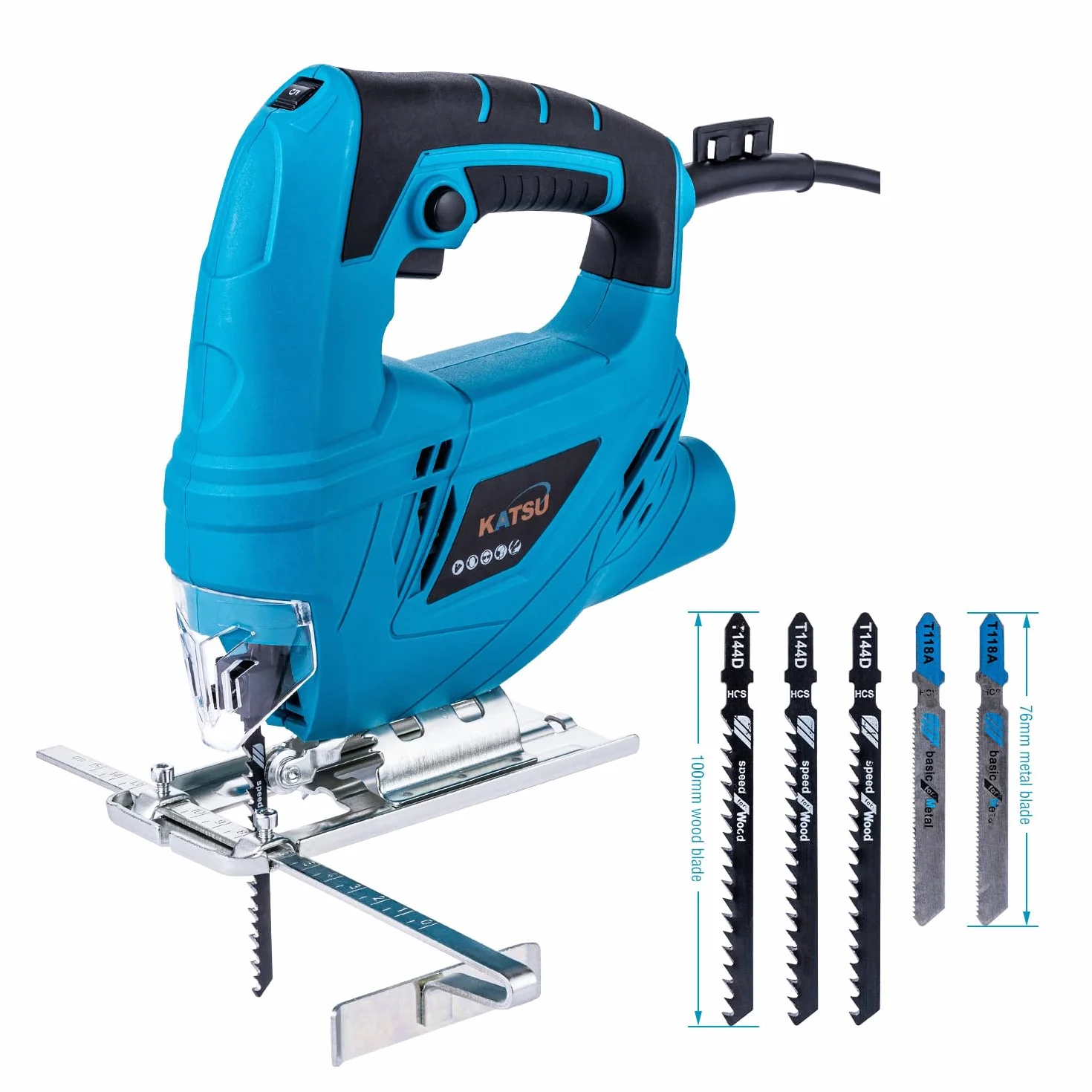 Seghetto Alternativo, KATSU 400W Seghetto Elettrico con 5 Lame, 0~3000 RPM, Angolo Regolabile ± 45°, Velocità Variabile, per Taglio di Plastica Legno Acciaio (Budget)