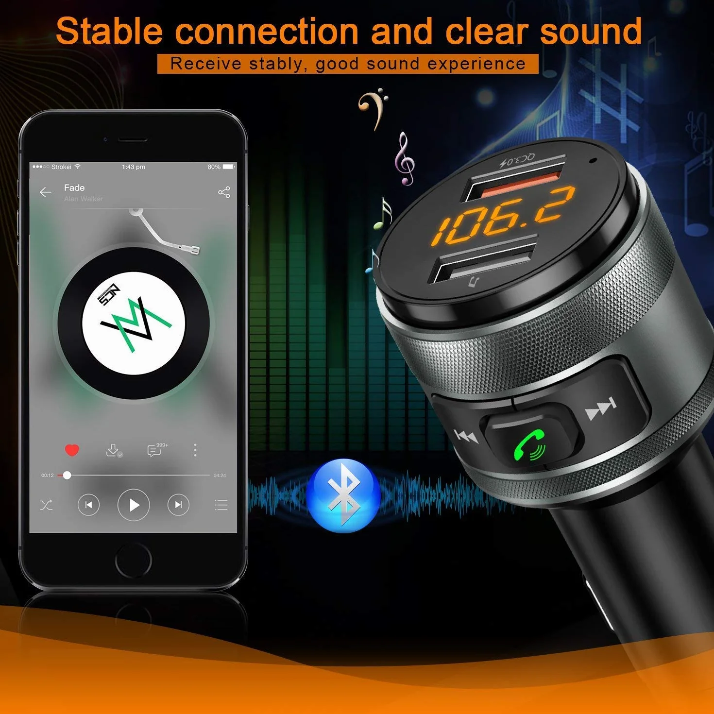 Trasmettitore FM, Vorstik Trasmettitore FM Bluetooth per Auto, Adattatore Radio Wireless QC 3.0 con Chiamata Vivavoce, Caricatore Doppio USB.