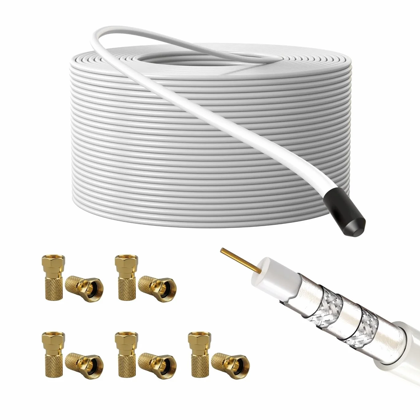 Lumonic Cavo antenna RG6 135dB 50m + 10x connettore F | Schermatura a 5 strati: niente più interferenze con le immagini | Cavo SAT, cavo coassiale Internet, cavo TV