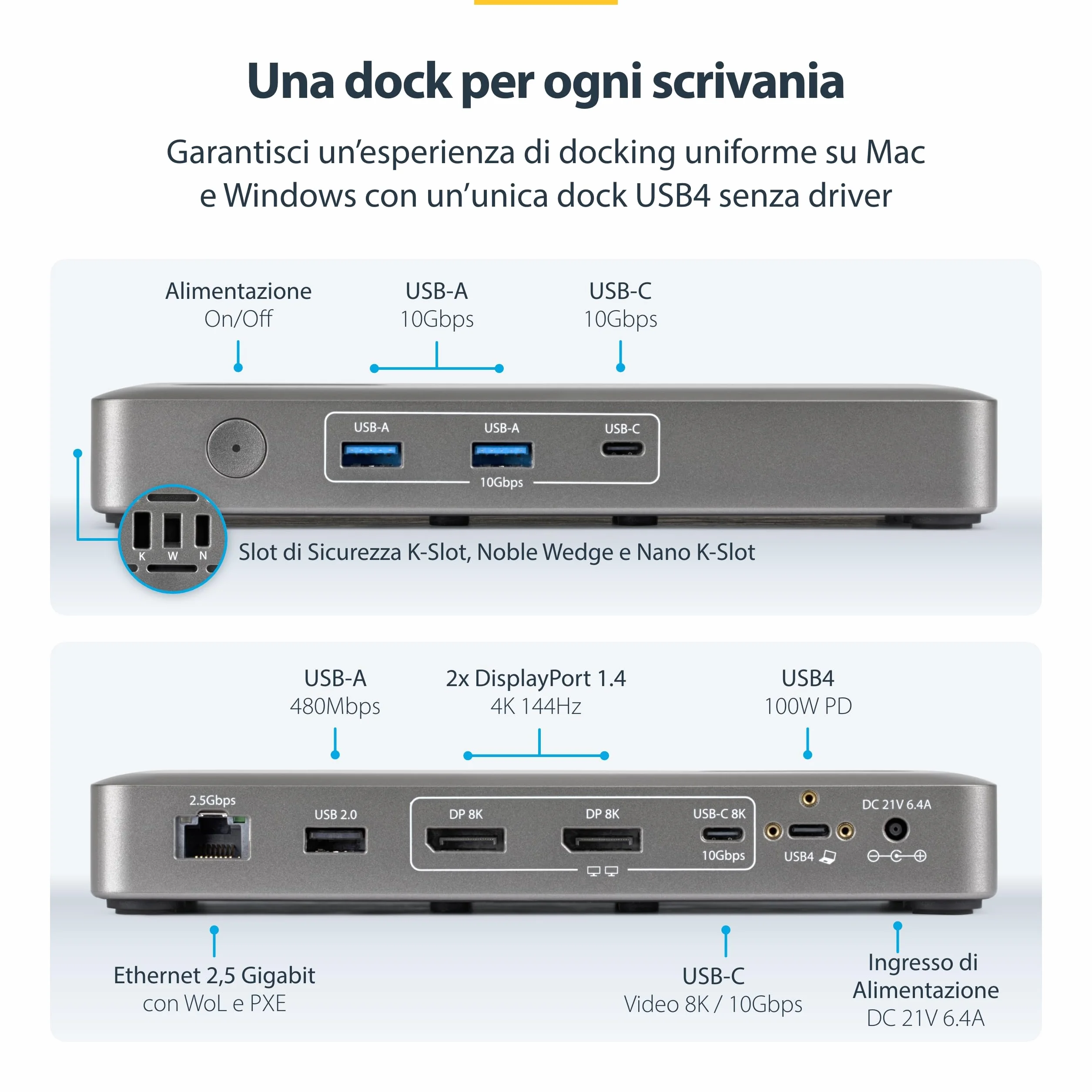 StarTech Docking Station USB4, Doppio Monitor 4K senza Driver per macOS e Windows, Dock USB-C Universale con Power Delivery da 100W per Laptop, Ethernet 2,5GbE