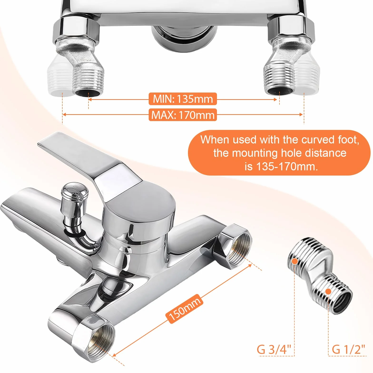 Rubinetto Vasca da Bagno a Parete, Miscelatore Monocomando in Ottone Cromato, Doppia Uscita Acqua, Installazione G1/2, Rubinetto per Bagno