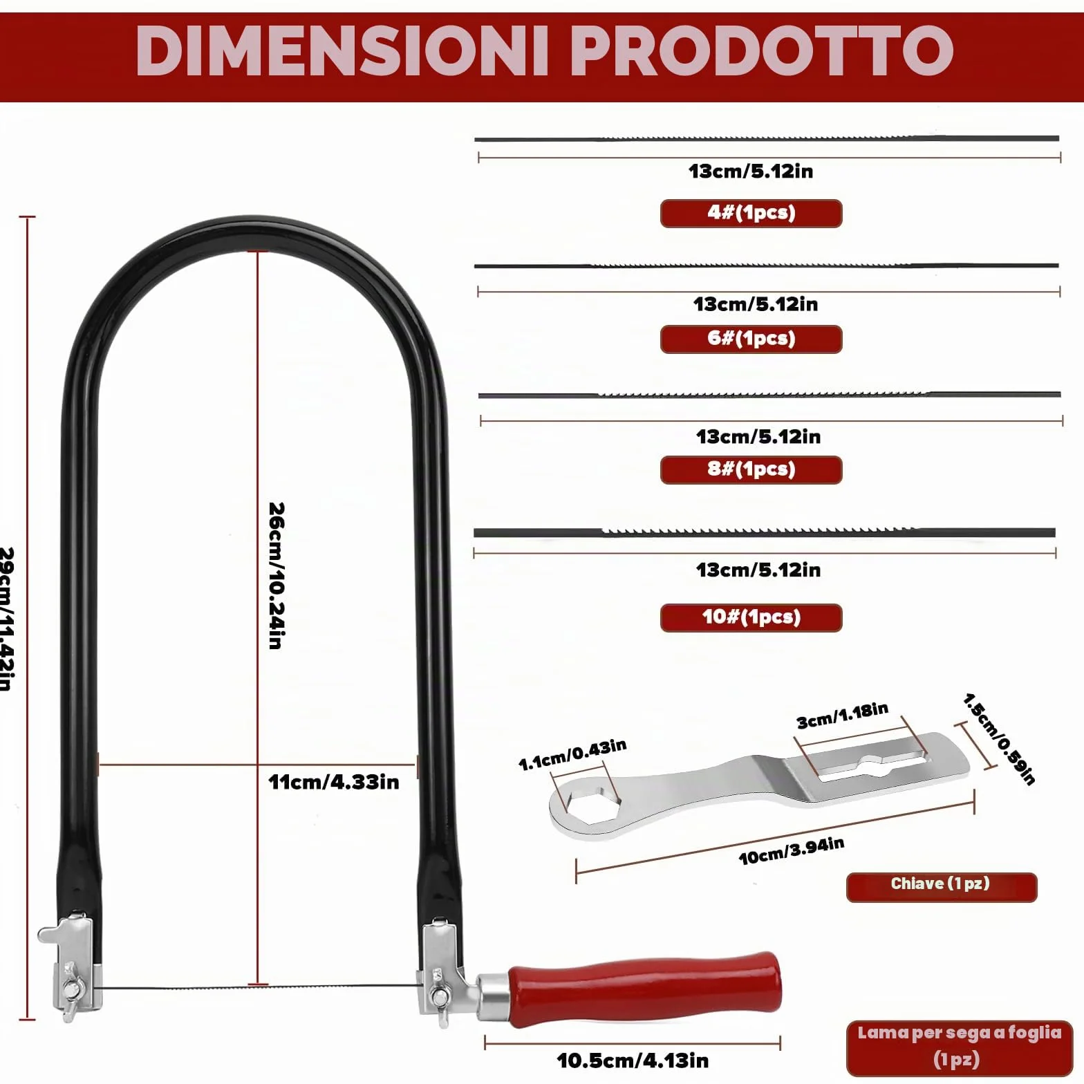 Set di Seghetti da Traforo Comprendente 4 Lame per Seghe (4#6#8#10#) Chiave di Montaggio e Archetto per Seghetti da Traforo per Metallo e Legno Sega da Ferro Piccola Girevole a 360 Gradi