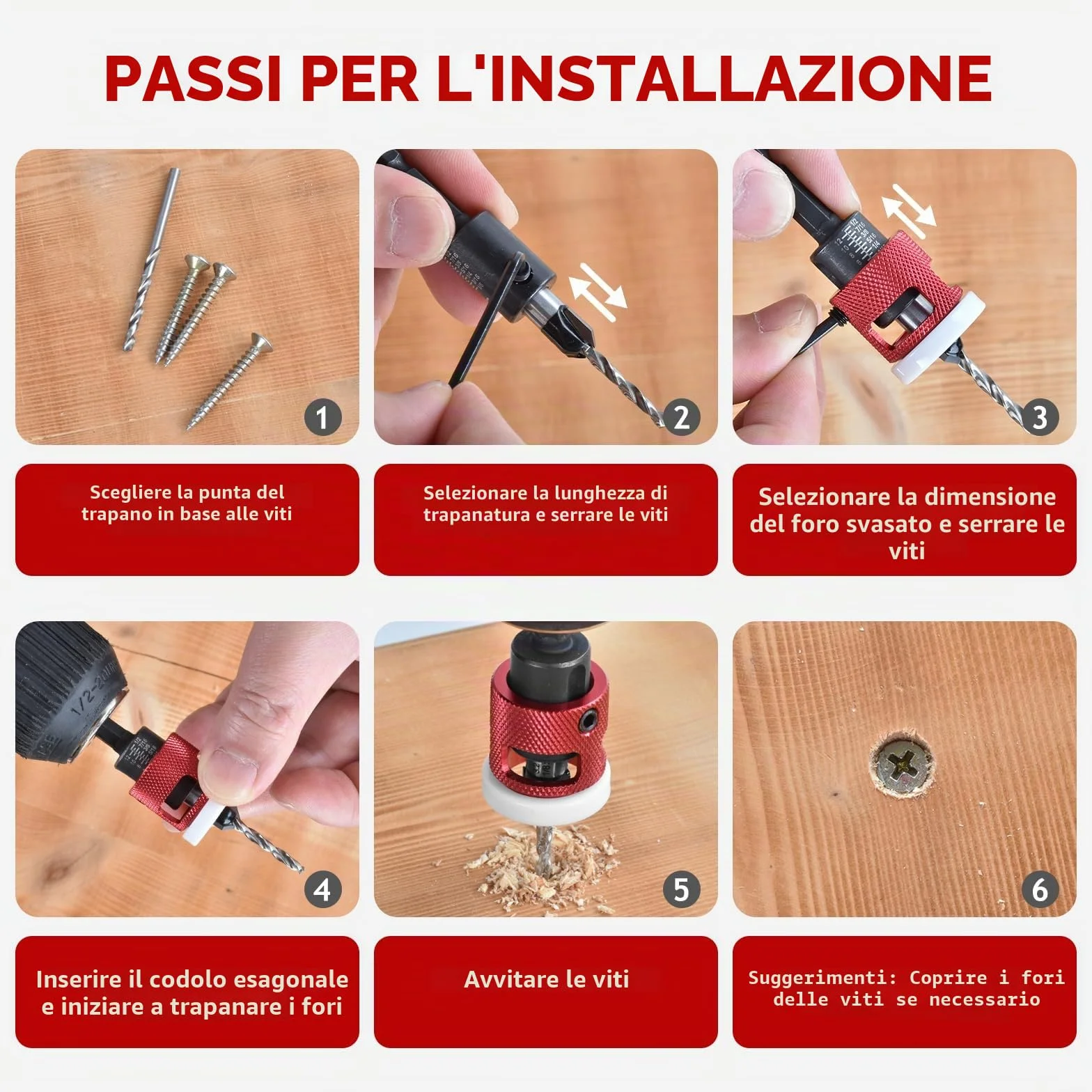 Set di 5 punte per trapano a svasatura per legno HSS-M2 attacco esagonale