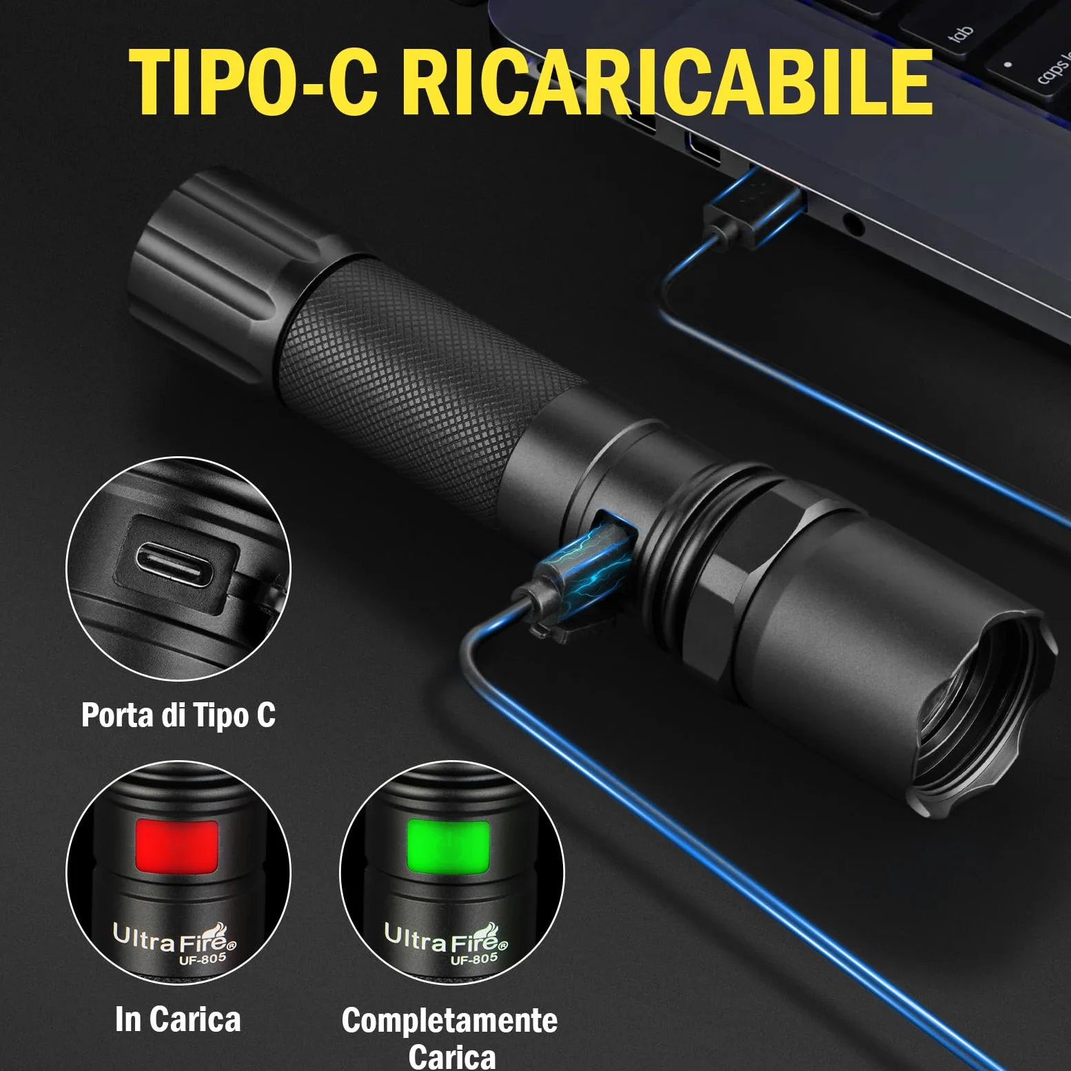 UltraFire Torcia a LED ricaricabile da 12 pollici, 619 lumen, torcia di sicurezza, 3 modalità con lampeggio rosso, USB-C, per il controllo del traffico, aeroporto, vigili del fuoco, parcheggio
