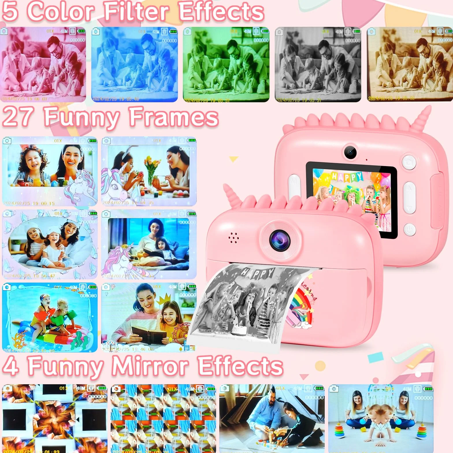Fotocamera per bambini, 48 MP, schermo da 2,4 pollici, fotocamera istantanea con scheda 32 G, carta da stampa e penne colorate, video HD 1080P, regalo per bambini 3-12 anni