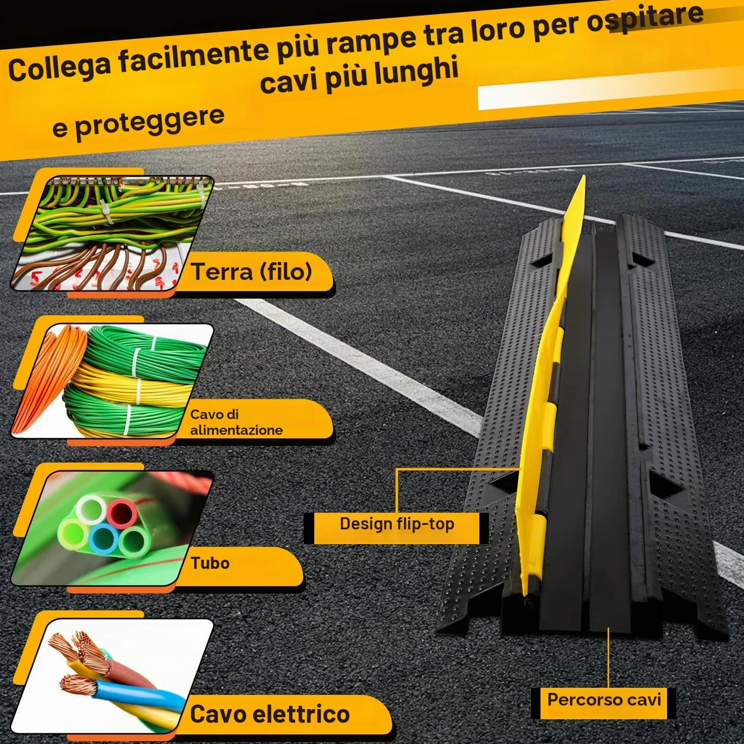 Ponte cavi 3 pezzi 2 canali 101x25x5 cm gomma nero modulare protezione per parcheggi