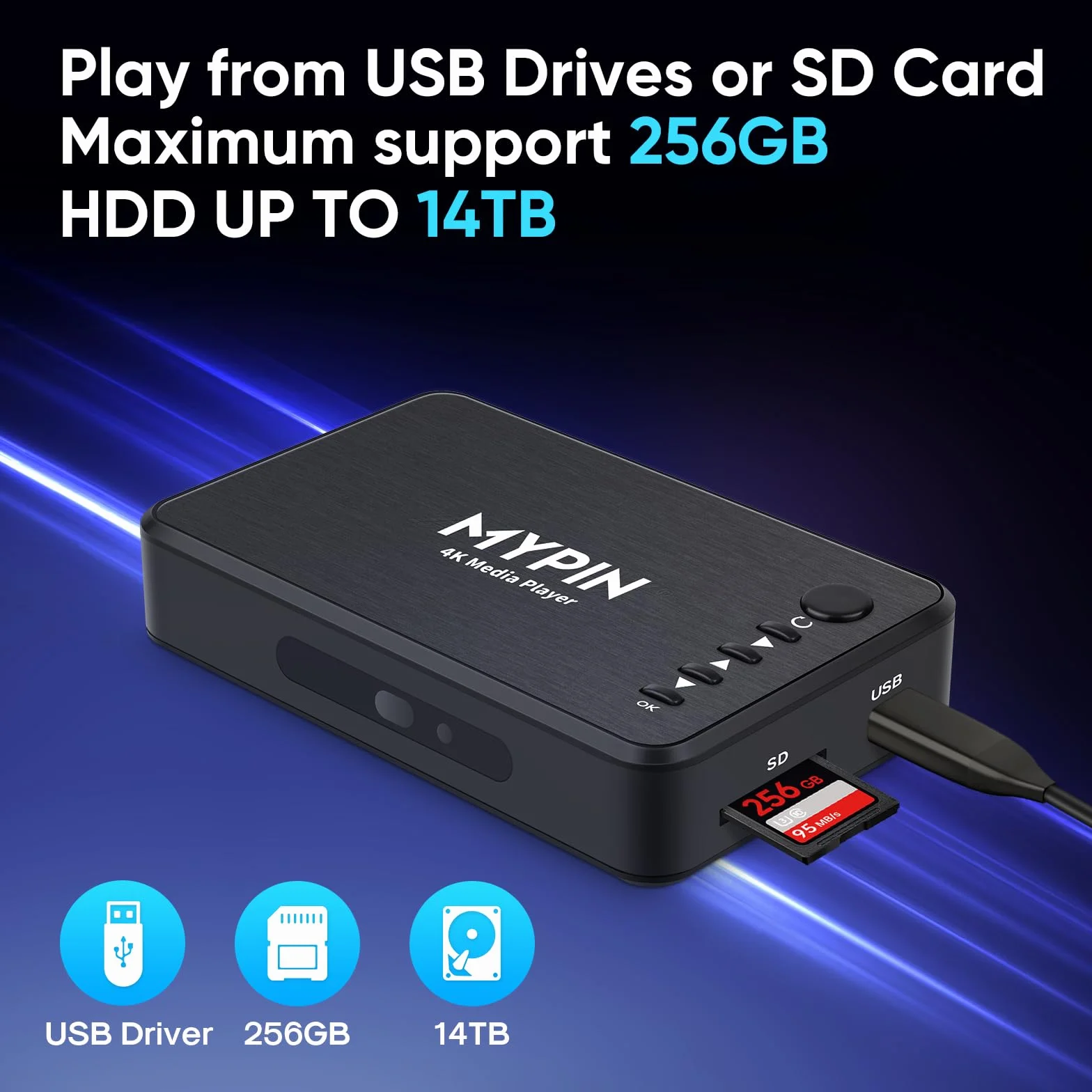 MYPIN - Lettore multimediale 4K, lettore multimediale HDMI per lettura USB / scheda SD con uscita HD HDMI/AV/VGA per RMVB/MKV/JPEG ecc. con telecomando