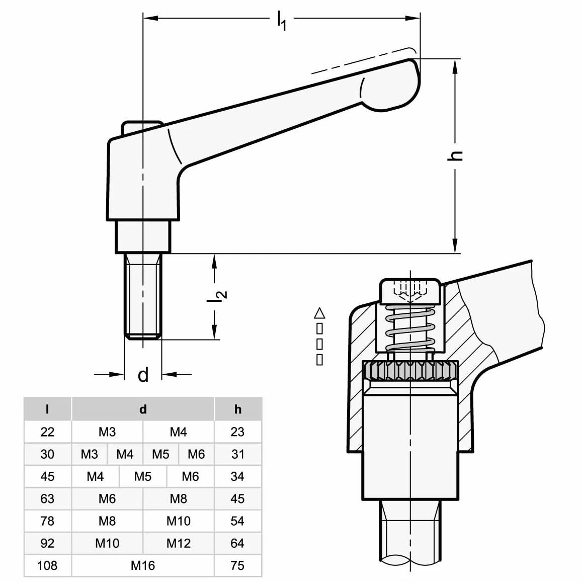 Ganter GN 300,1-45-M4-12-SW leve di bloccaggio regolabile in acciaio inox M4x12mm nero