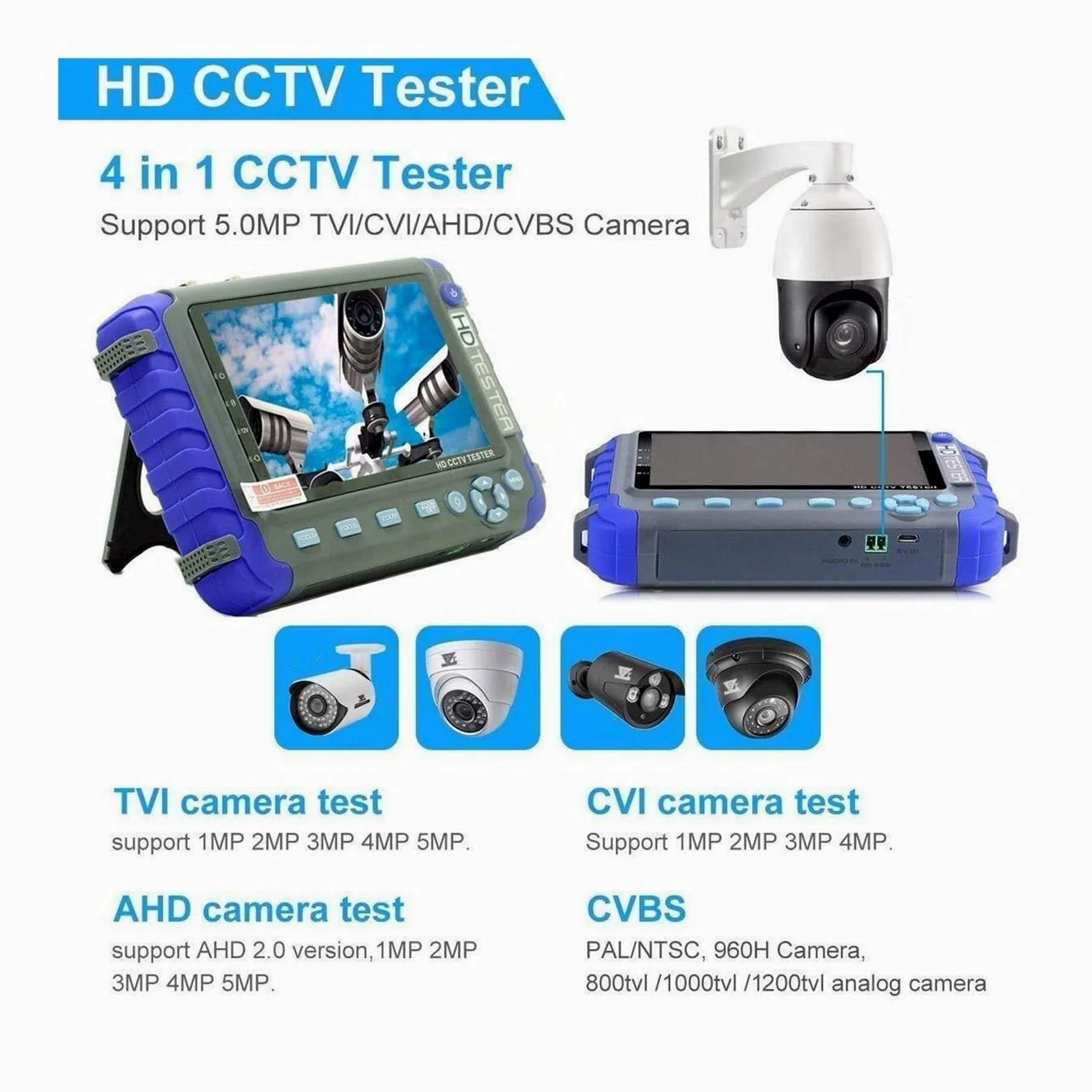 Tester CCTV, Tester CCTV 4 in 1 da 5 pollici, tester di videosorveglianza AHD TVI CVI supporta telecamera con uscita 8MP, 12V portatile