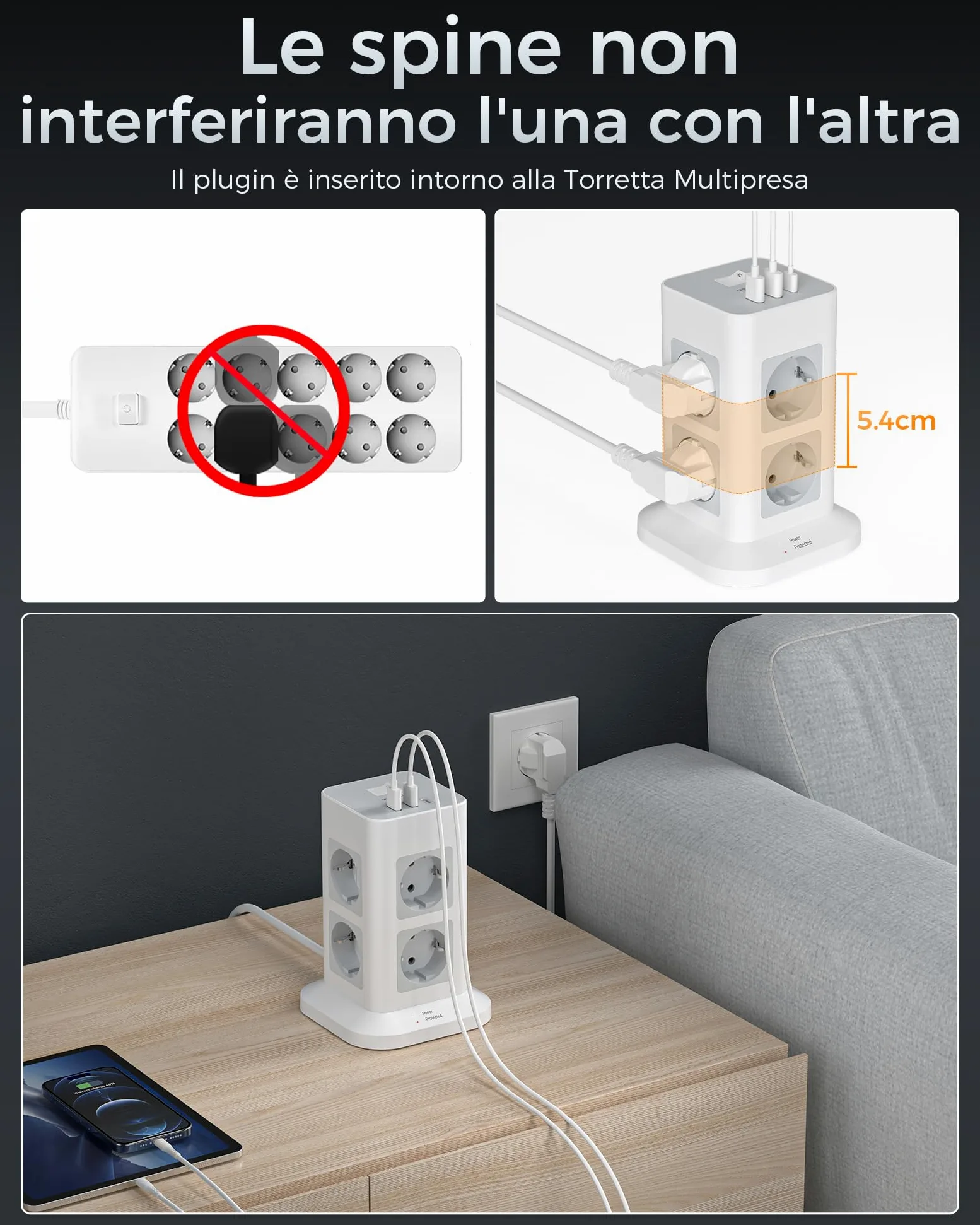 TESSAN Ciabatta Multipresa con USB, Multipresa Elettrica con 8 Prese e 3 USB, Protezione Sovratensione 1700J, Ciabatta Elettrica con Cavo 5M e Interruttore, Grigio