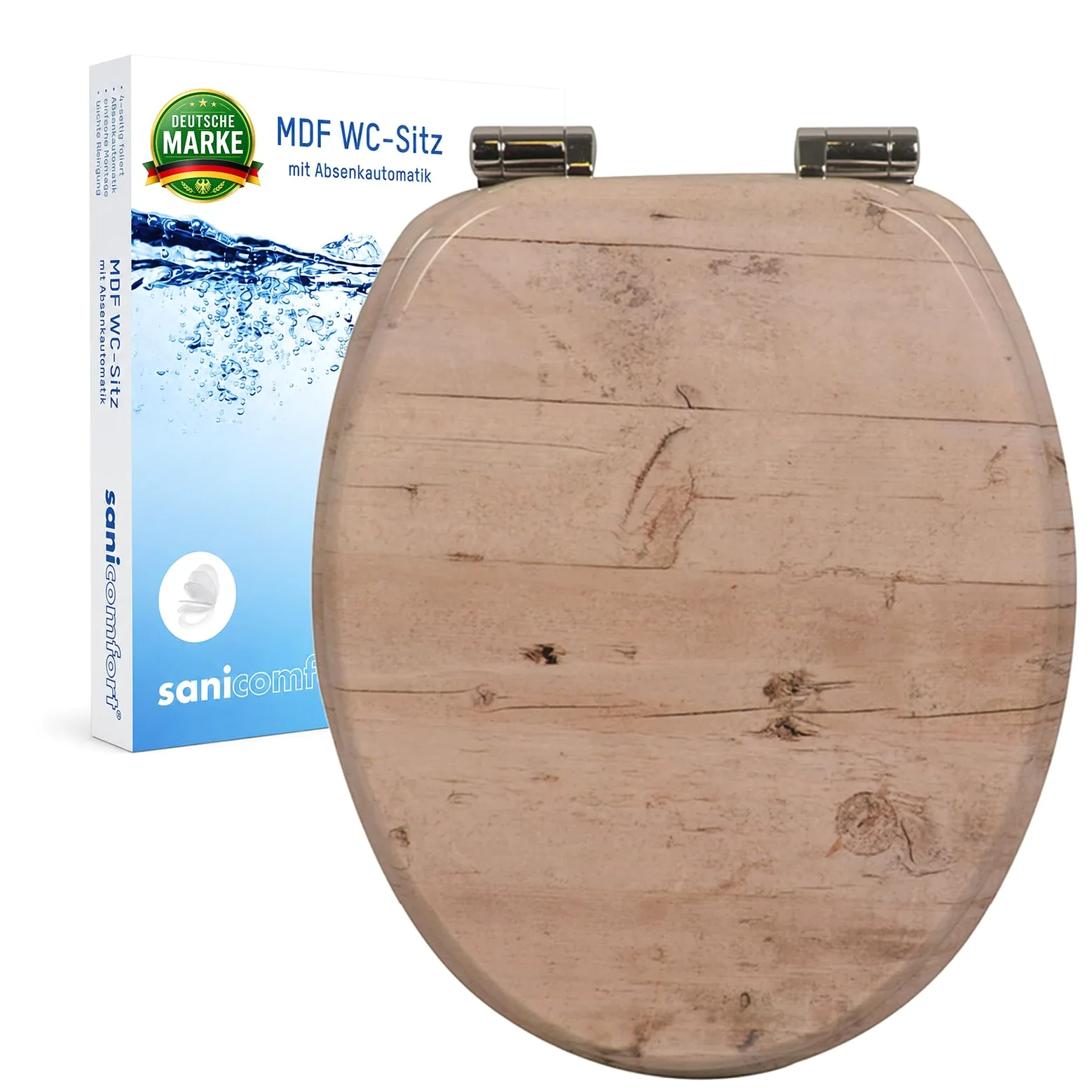 sanicomfort Sedile WC in legno, nucleo in legno MDF, con abbassamento automatico, sedile WC con coprisoffitto, occhialini e coperchio, cerniere in metallo cromate, facile da montare