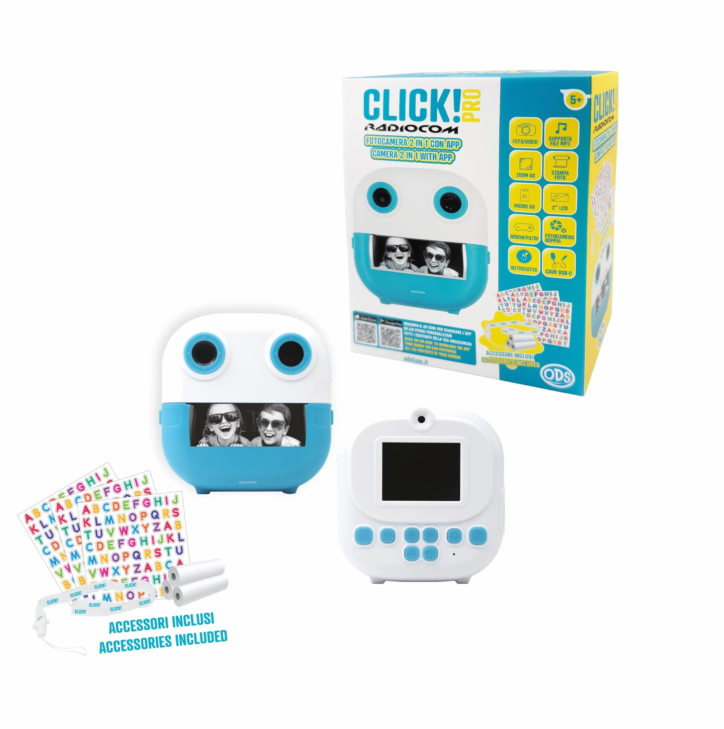 Click! 4 - Fotocamera istantanea per bambini - Doppia fotocamera - Stampa foto e disegni da App - Video 1080p - Zoom 6x - Giochi - MP3 - Display 2" LCD - microSD 4GB - Accessori inclusi