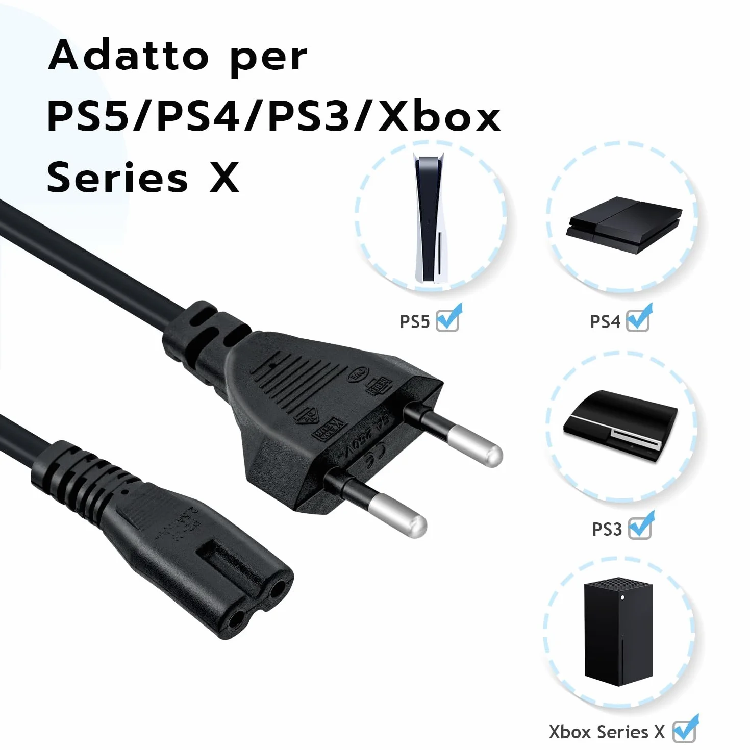 Mcbazel 1.5M IEC 320 C7 Cavo di Alimentazione Power Cable con 2 Pin Euro Cavo di Alimentazione per PS5/ PS4/ PS3/ Xbox Series X/S - Nero