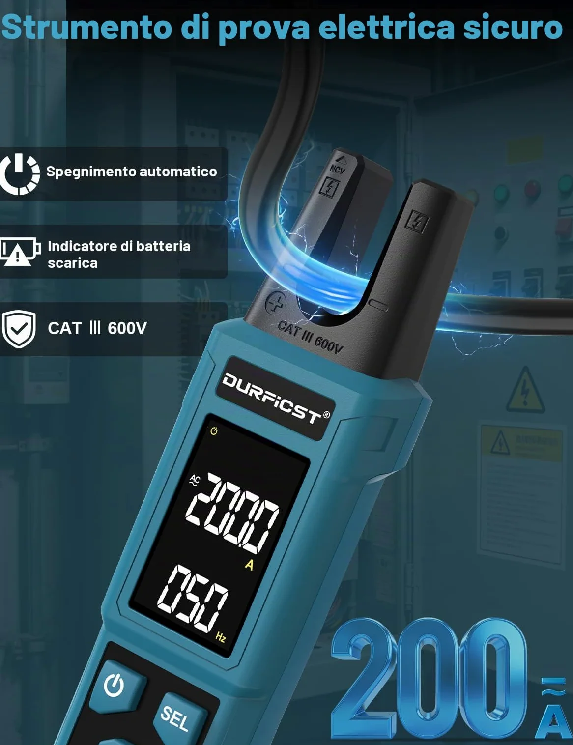DURFICST Pinza Amperometrica TRMS 4000 Conteggi, con AC/DC 200 A & 600 V | Digitale Pinza Amperometrica AC DC con Test NCV, Continuità, Misurazione di Capacità e Temperatura